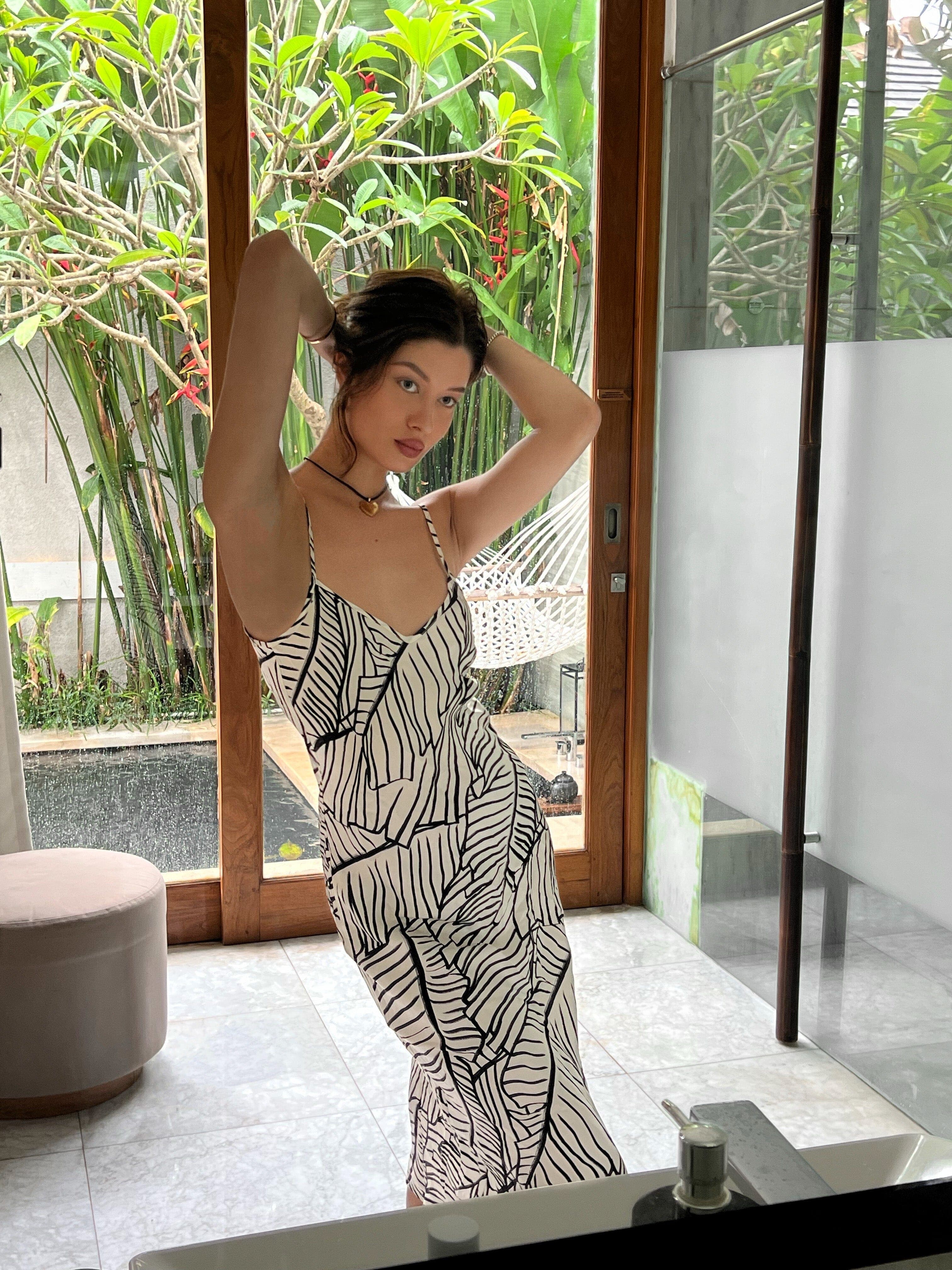 Anaphe Long Dress V Silk Slip Dress - Palm Print