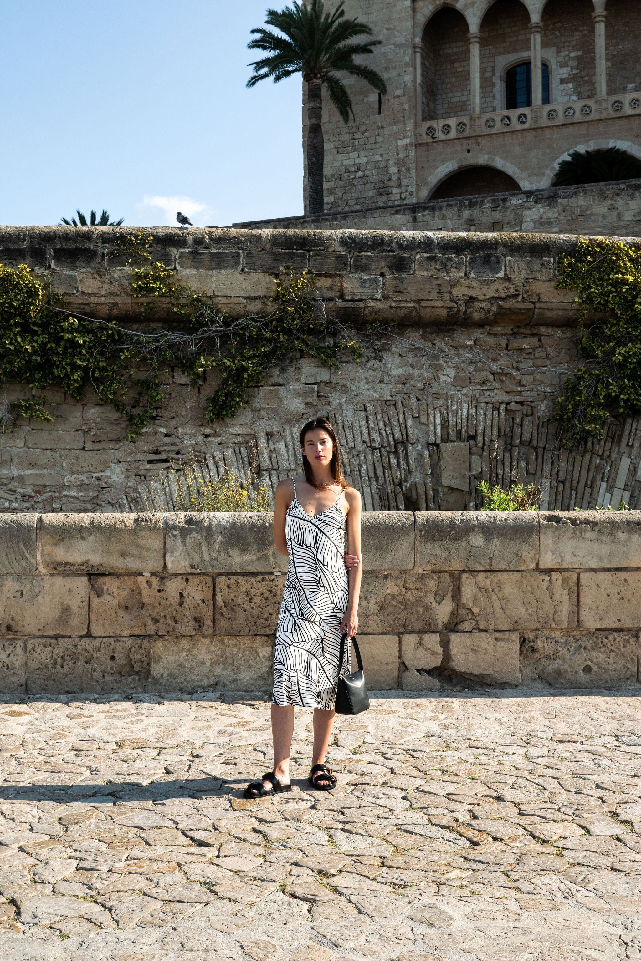 Anaphe Long Dress V Silk Slip Dress - Palm Print