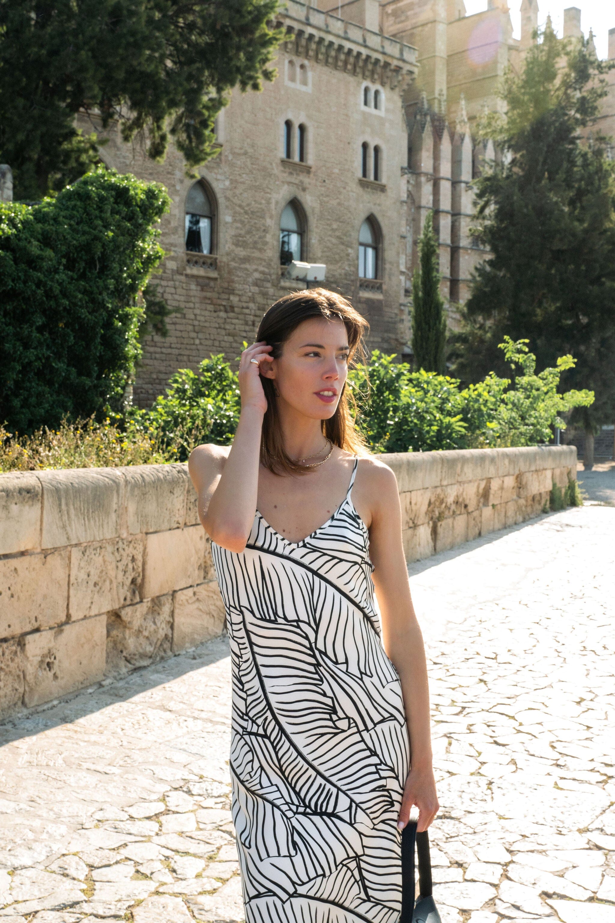 Anaphe Long Dress V Silk Slip Dress - Palm Print