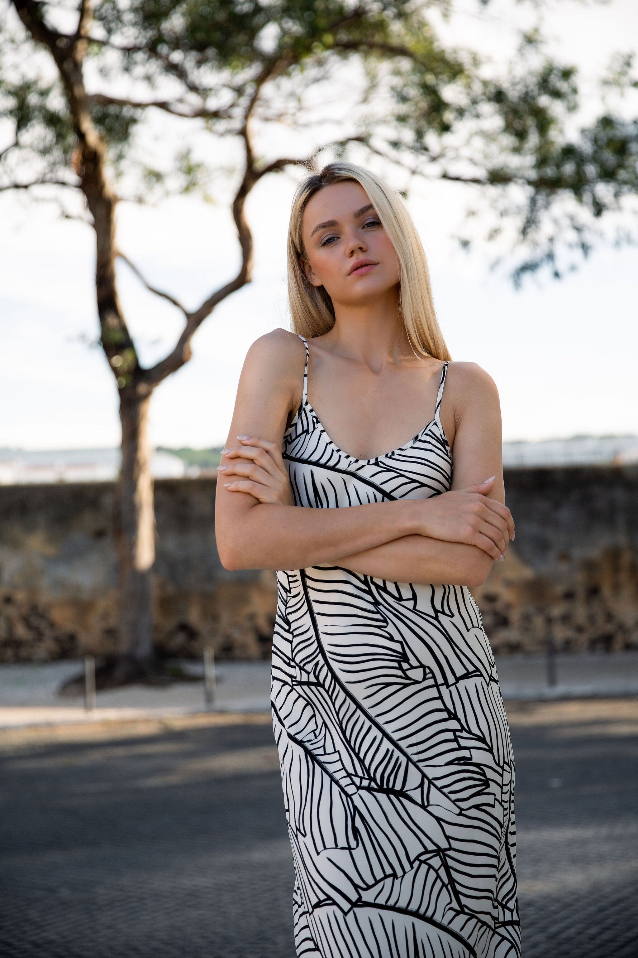 Anaphe Long Dress V Silk Slip Dress - Palm Print