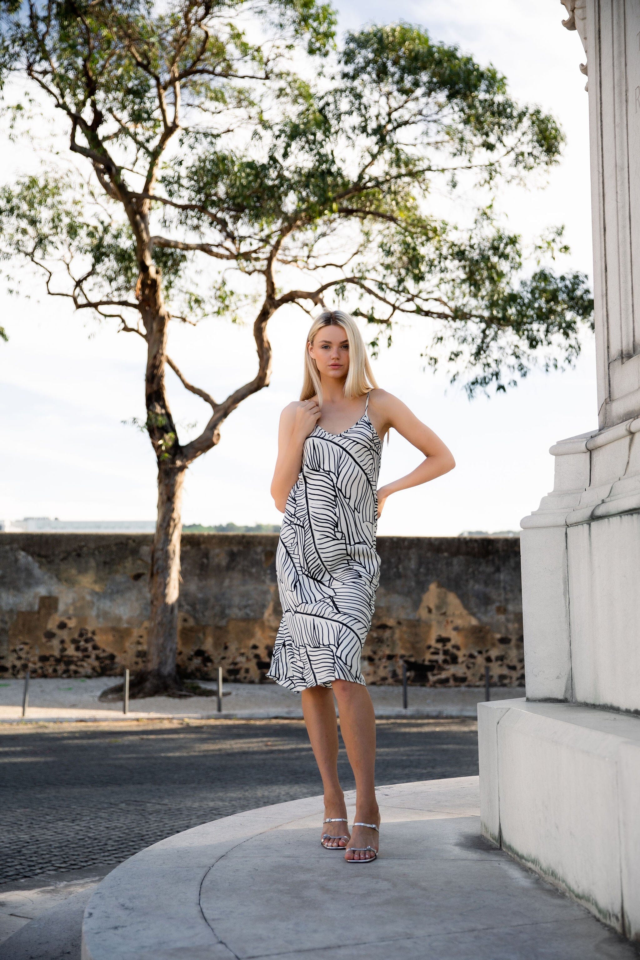 Anaphe Long Dress V Silk Slip Dress - Palm Print