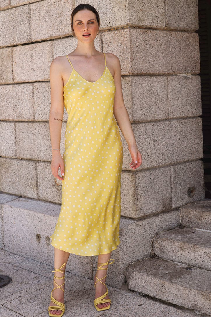 Anaphe Long Dress V Silk Slip Dress Sunshine Yellow Dot Print