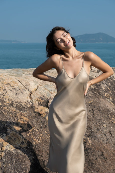Anaphe Long Dress XS V Silk Slip Dress - Taupe
