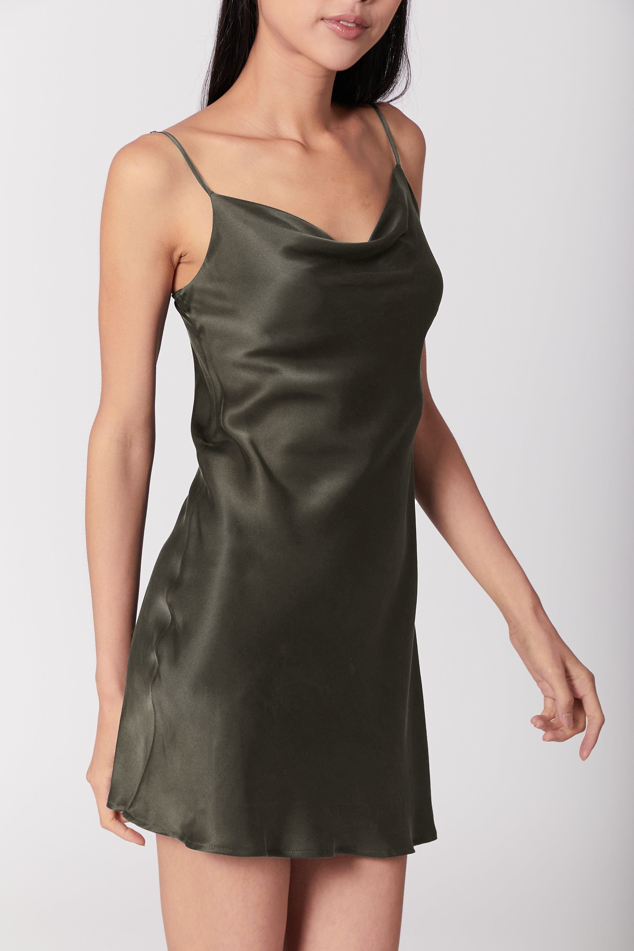 Anaphe Mini Cowl Dress 60s Mini Cowl Slip - Olive Green