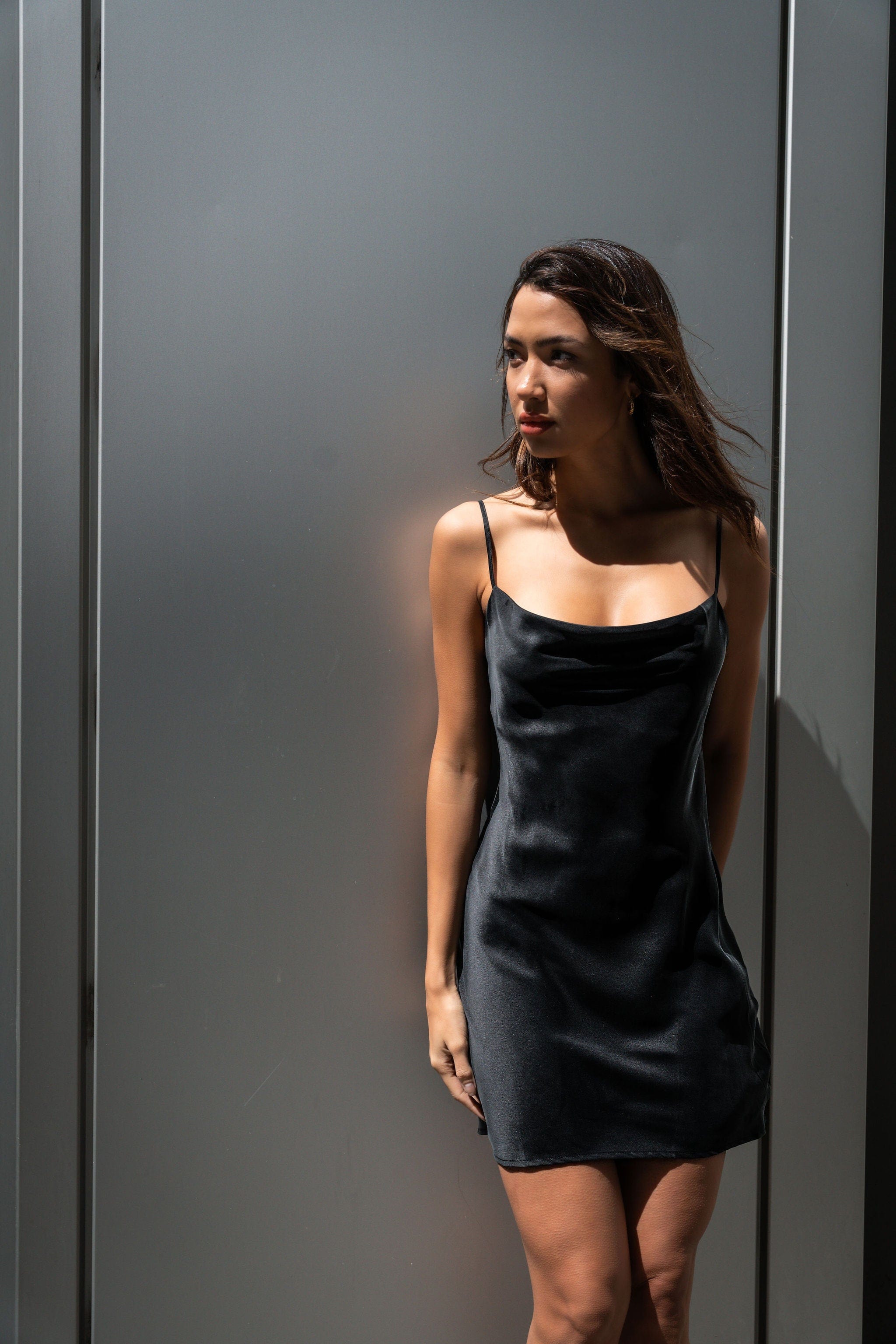 Anaphe Mini Cowl Dress 60s Silk Cowl Mini Slip Dress Classic Black