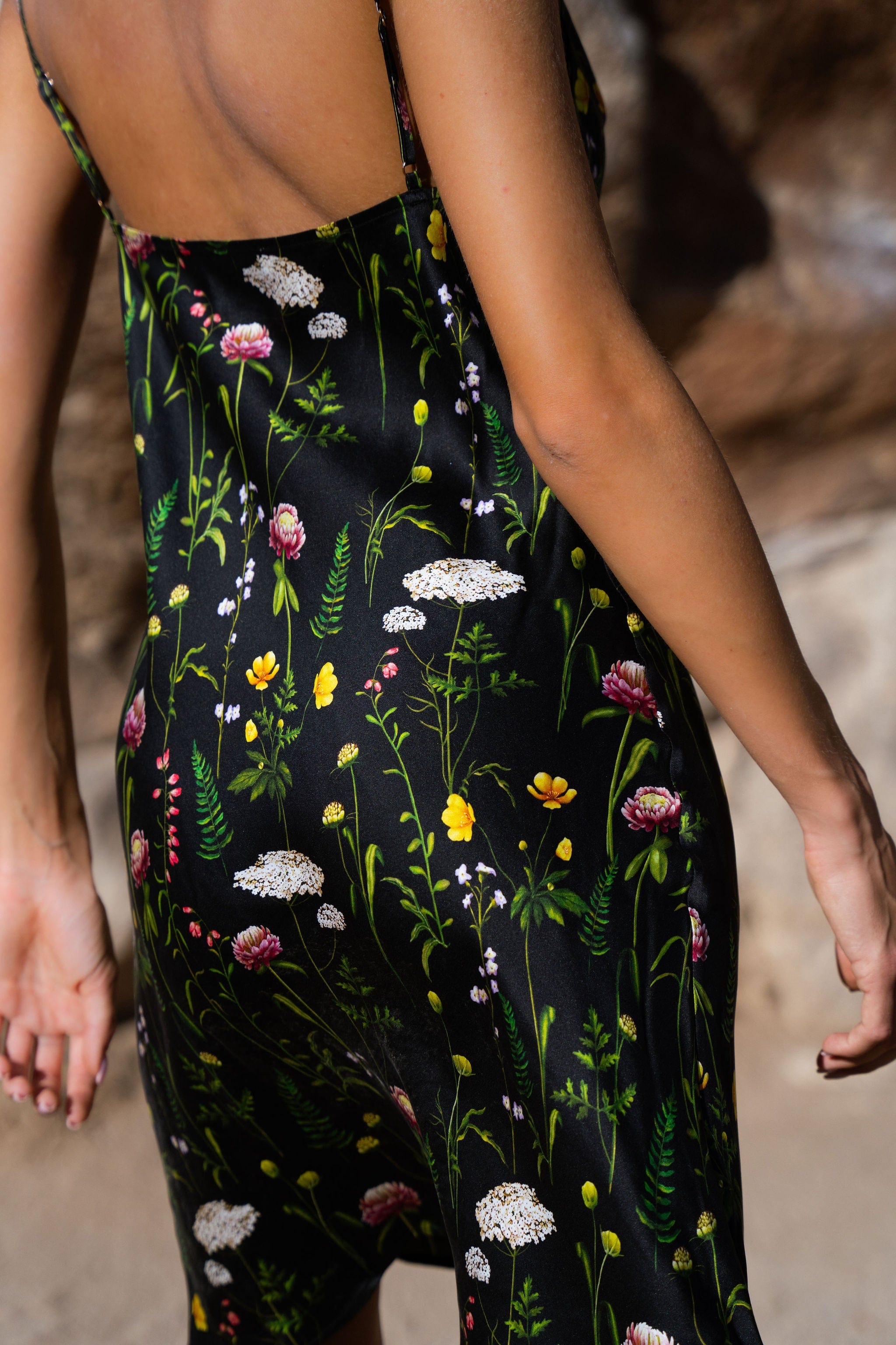 Anaphe Mini Cowl Dress 60s Silk Cowl Mini Slip Dress - Enchanted Print