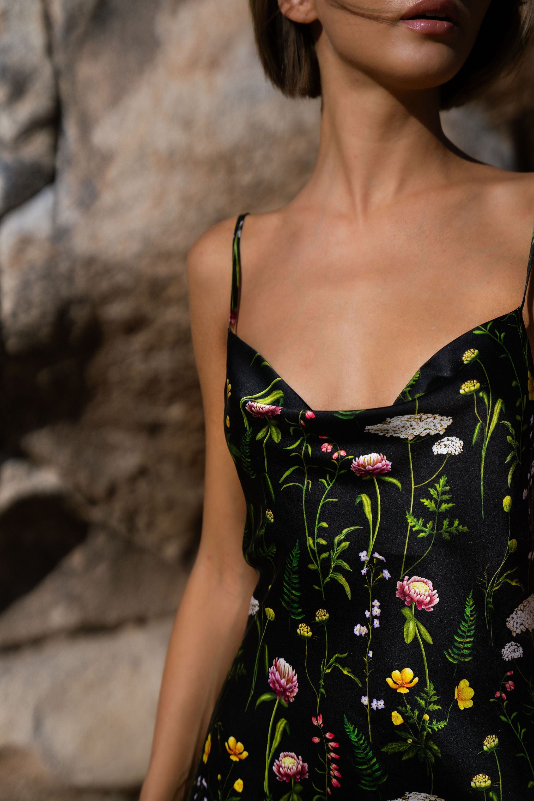 Anaphe Mini Cowl Dress 60s Silk Cowl Mini Slip Dress - Enchanted Print
