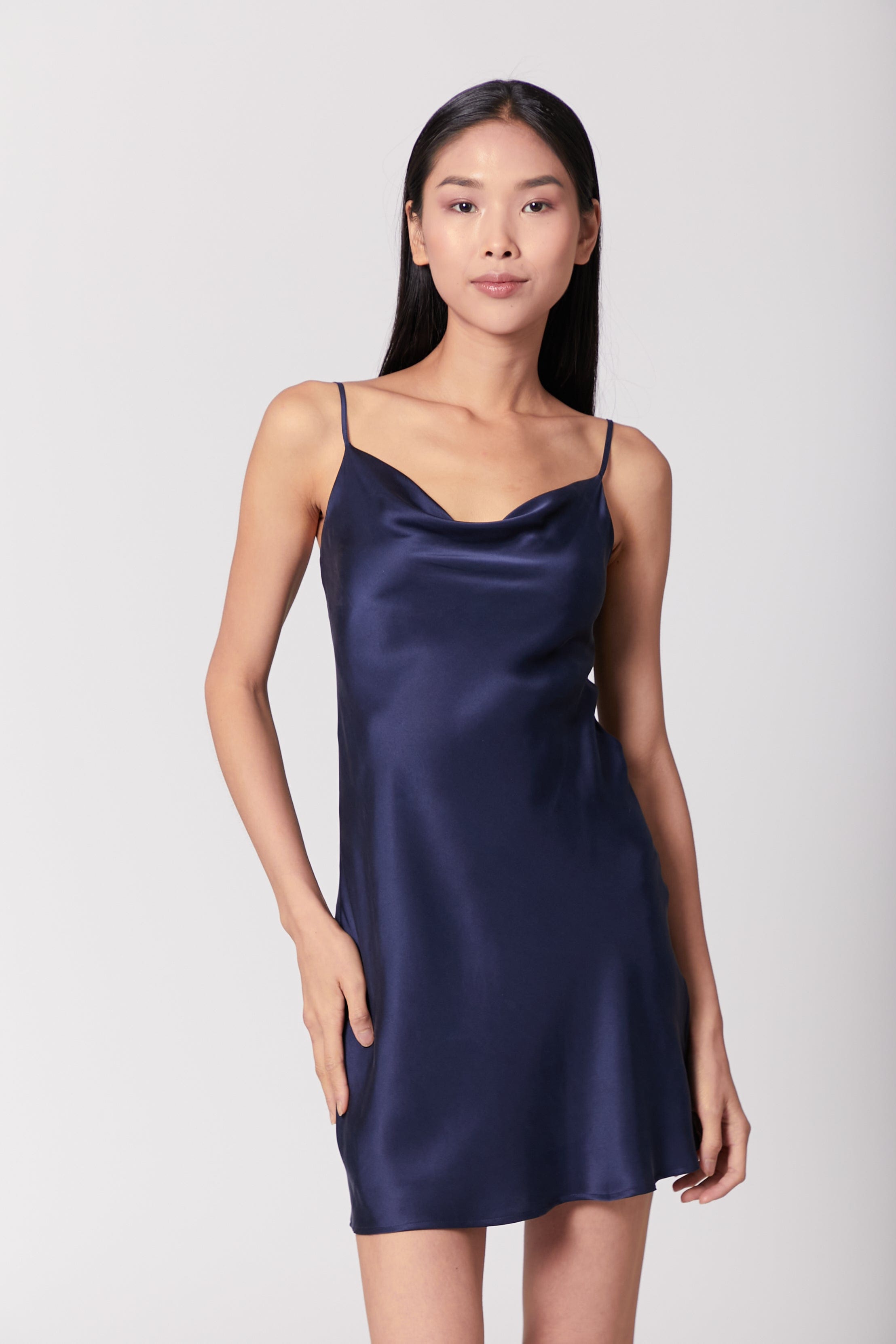 Anaphe Mini Cowl Dress 60s Silk Cowl Mini Slip Dress - French Navy Blue
