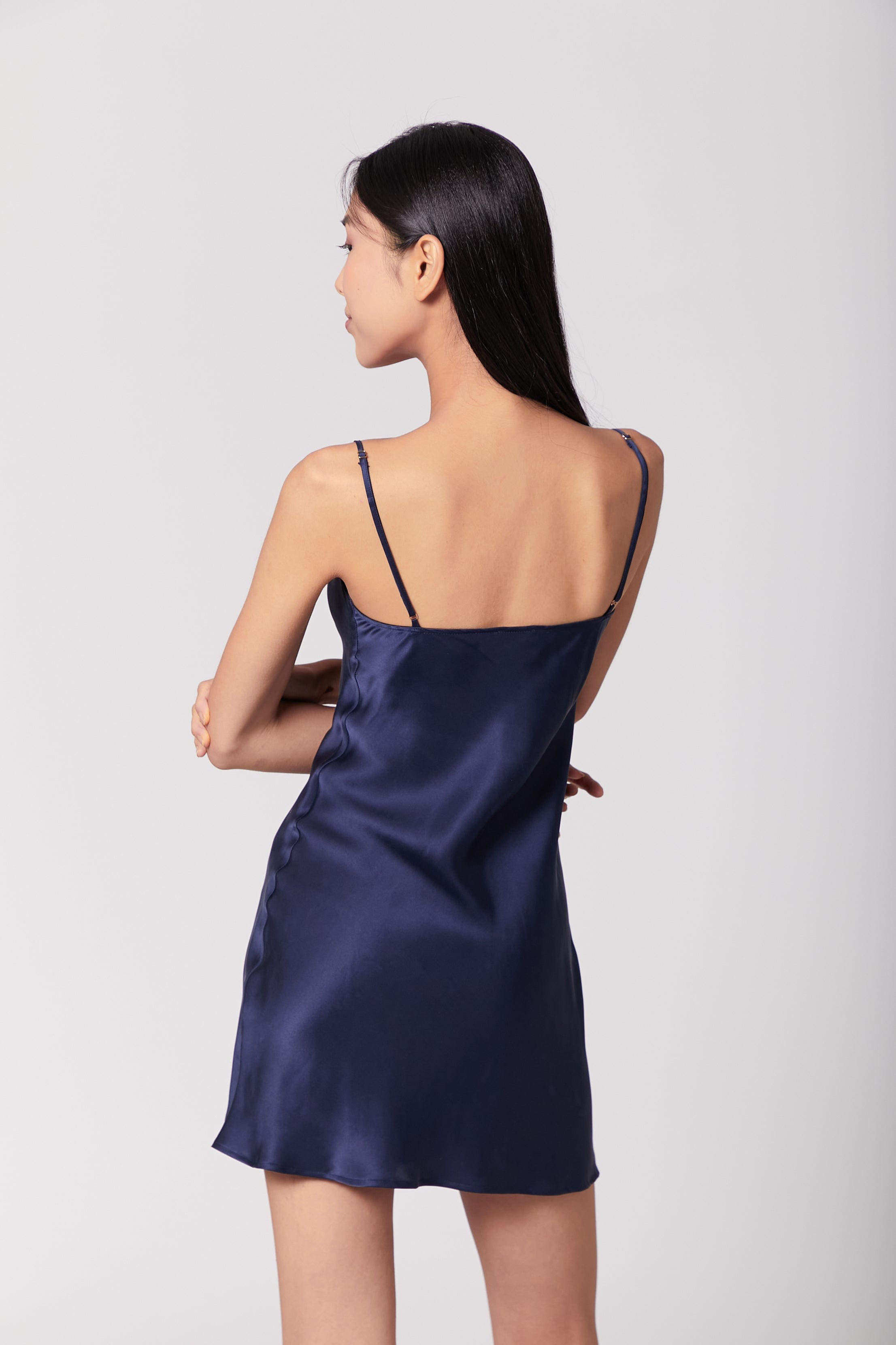 Anaphe Mini Cowl Dress 60s Silk Cowl Mini Slip Dress - French Navy Blue