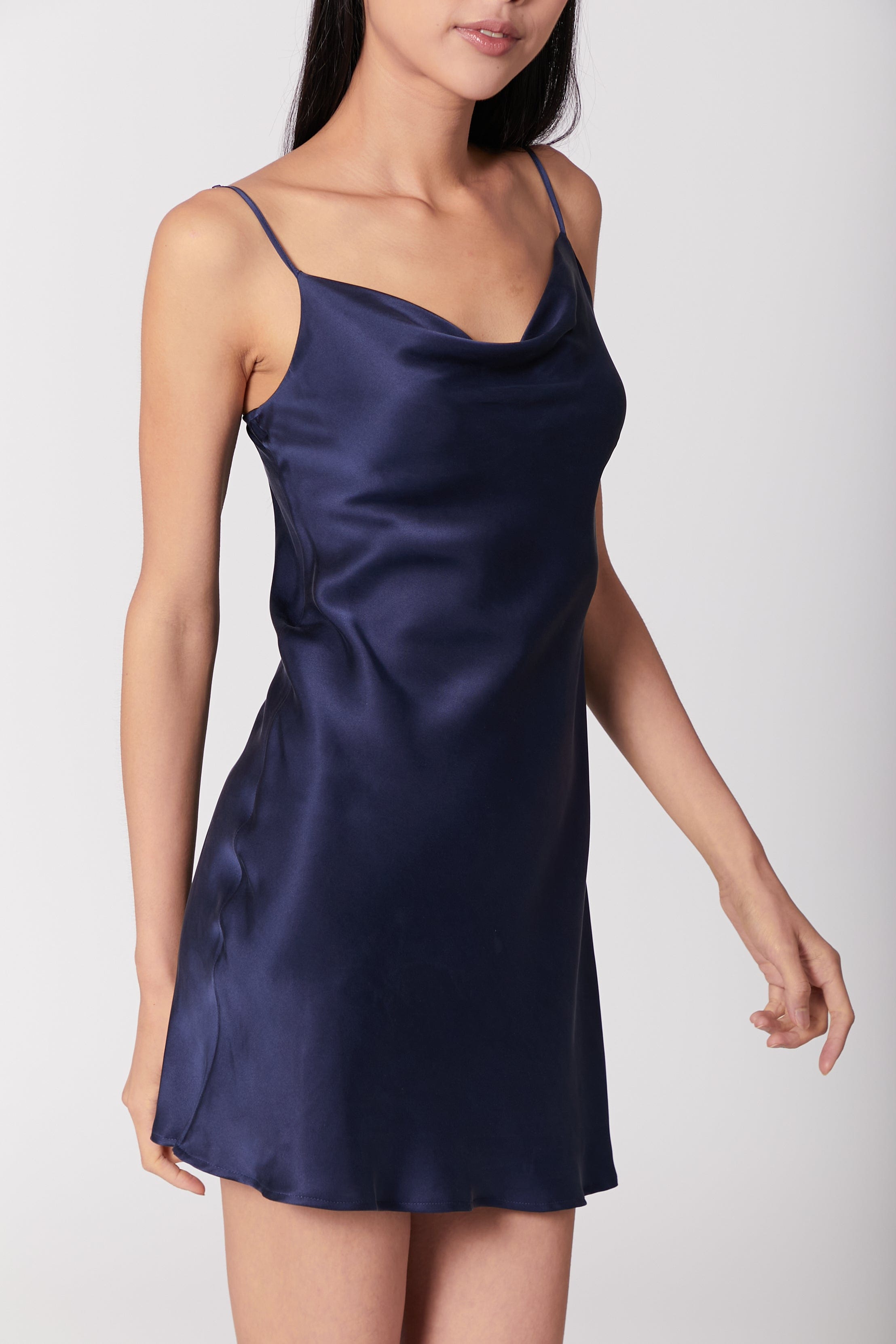 Anaphe Mini Cowl Dress 60s Silk Cowl Mini Slip Dress - French Navy Blue