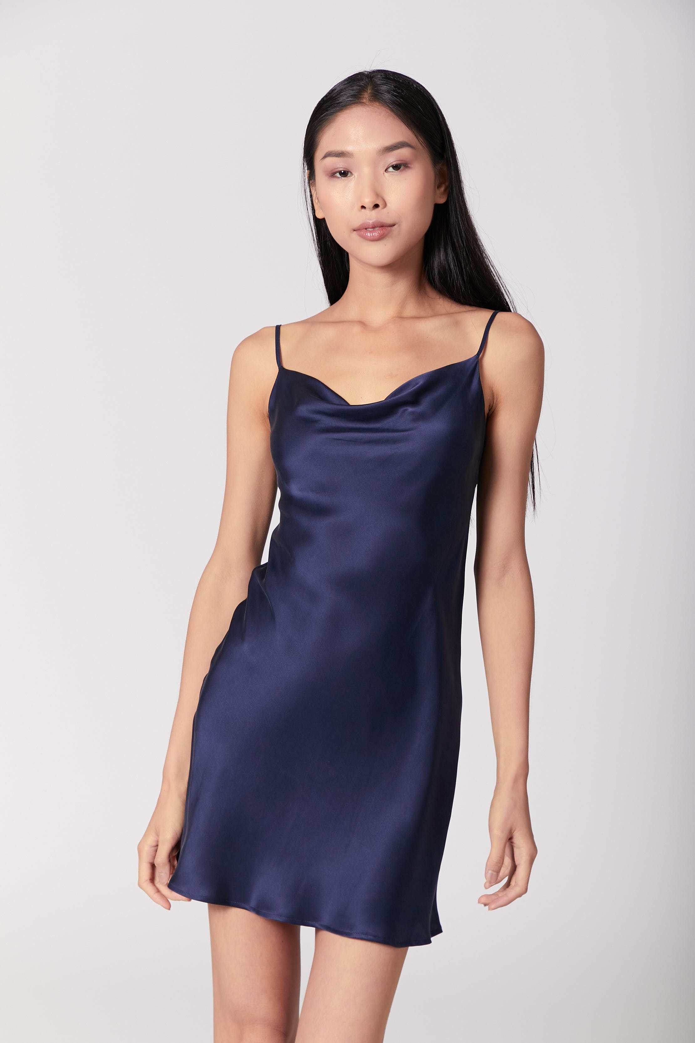Anaphe Mini Cowl Dress 60s Silk Cowl Mini Slip Dress - French Navy Blue