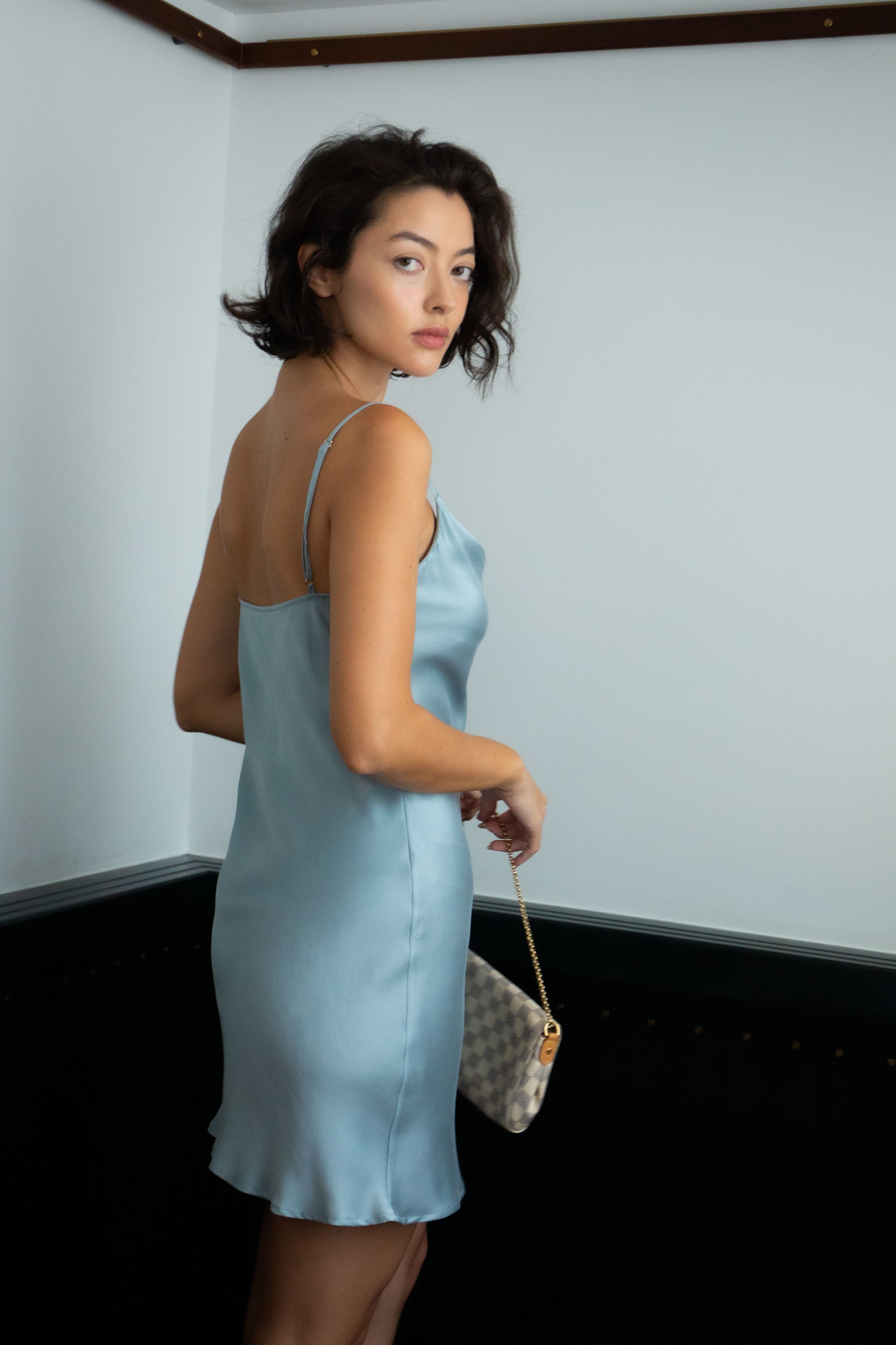 Anaphe Mini Cowl Dress 60s Silk Cowl Mini Slip Dress - Morning Mist Blue