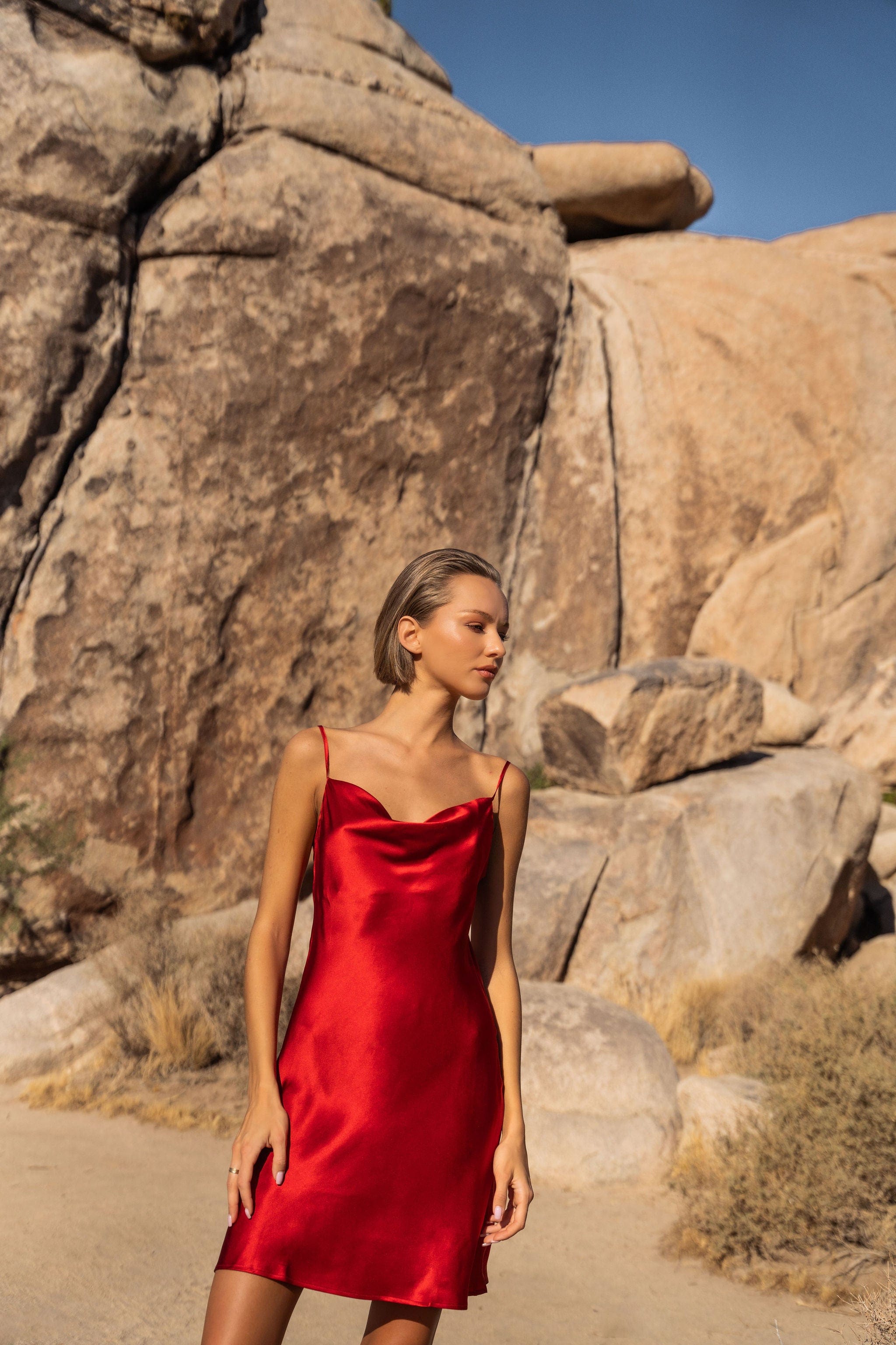 Anaphe Mini Cowl Dress 60s Silk Cowl Mini Slip Dress - Parisian Red (100% Charmeuse Shiny Silk)