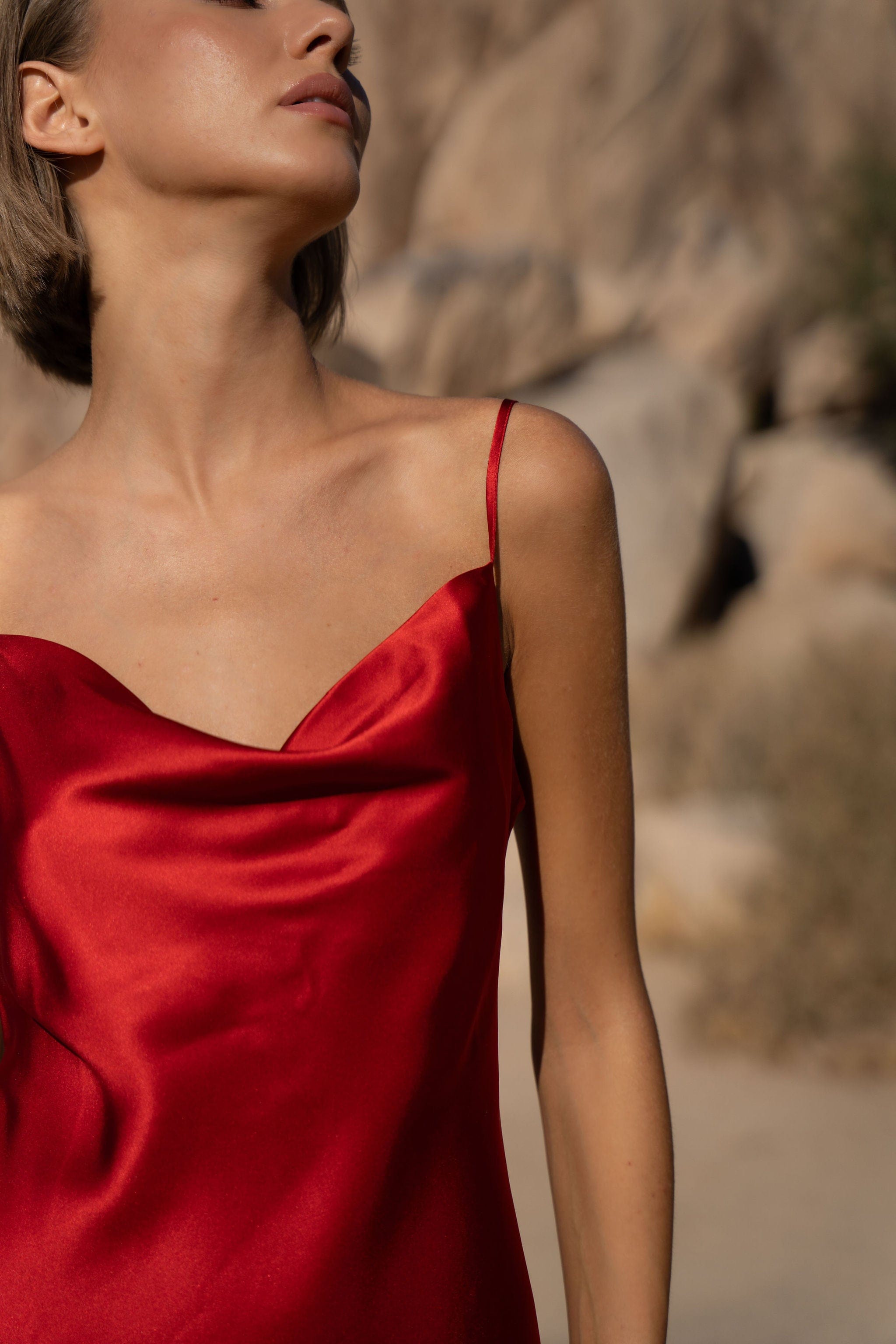 Anaphe Mini Cowl Dress 60s Silk Cowl Mini Slip Dress - Parisian Red (100% Charmeuse Shiny Silk)
