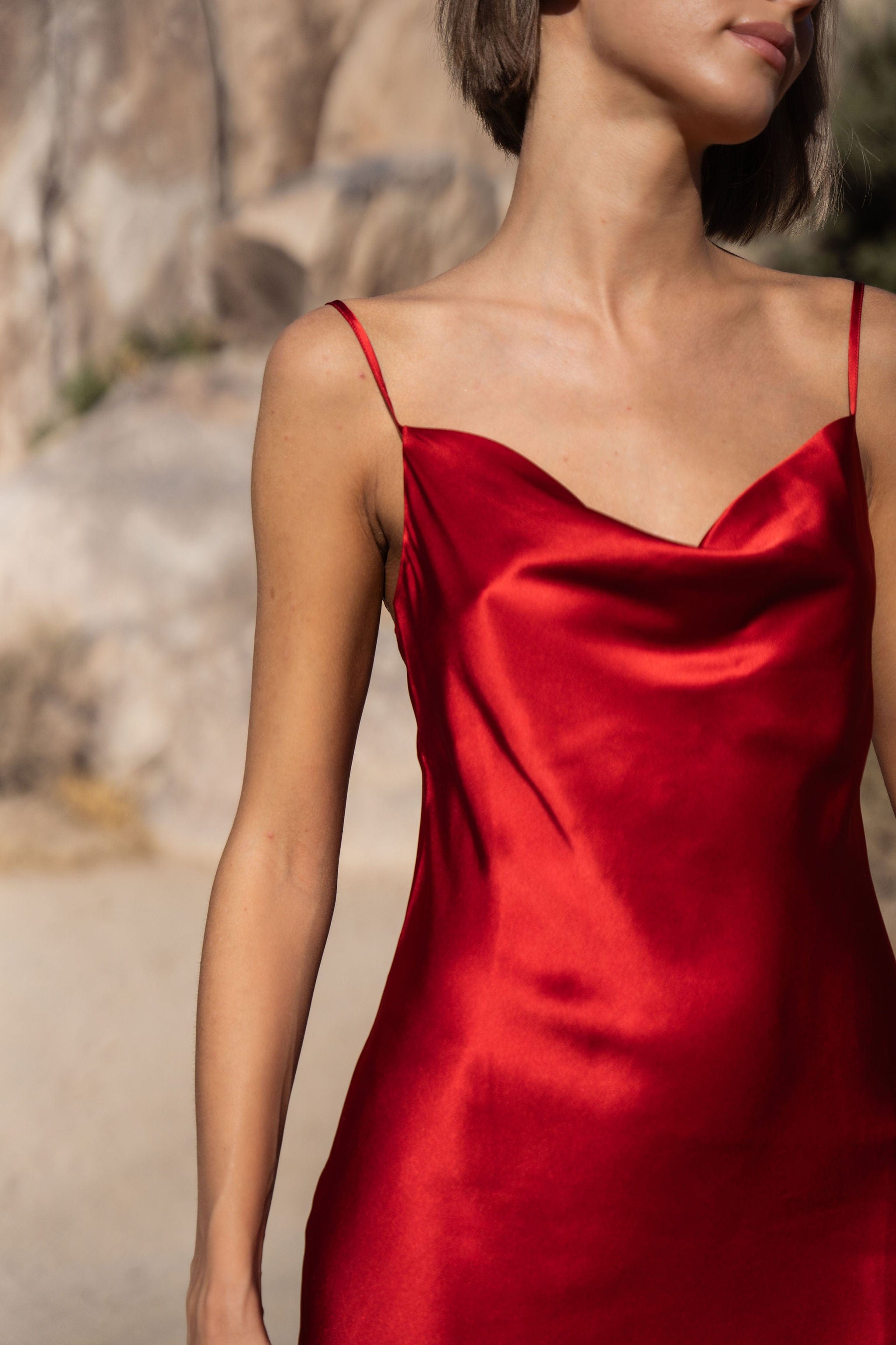 Anaphe Mini Cowl Dress 60s Silk Cowl Mini Slip Dress - Parisian Red (100% Charmeuse Shiny Silk)
