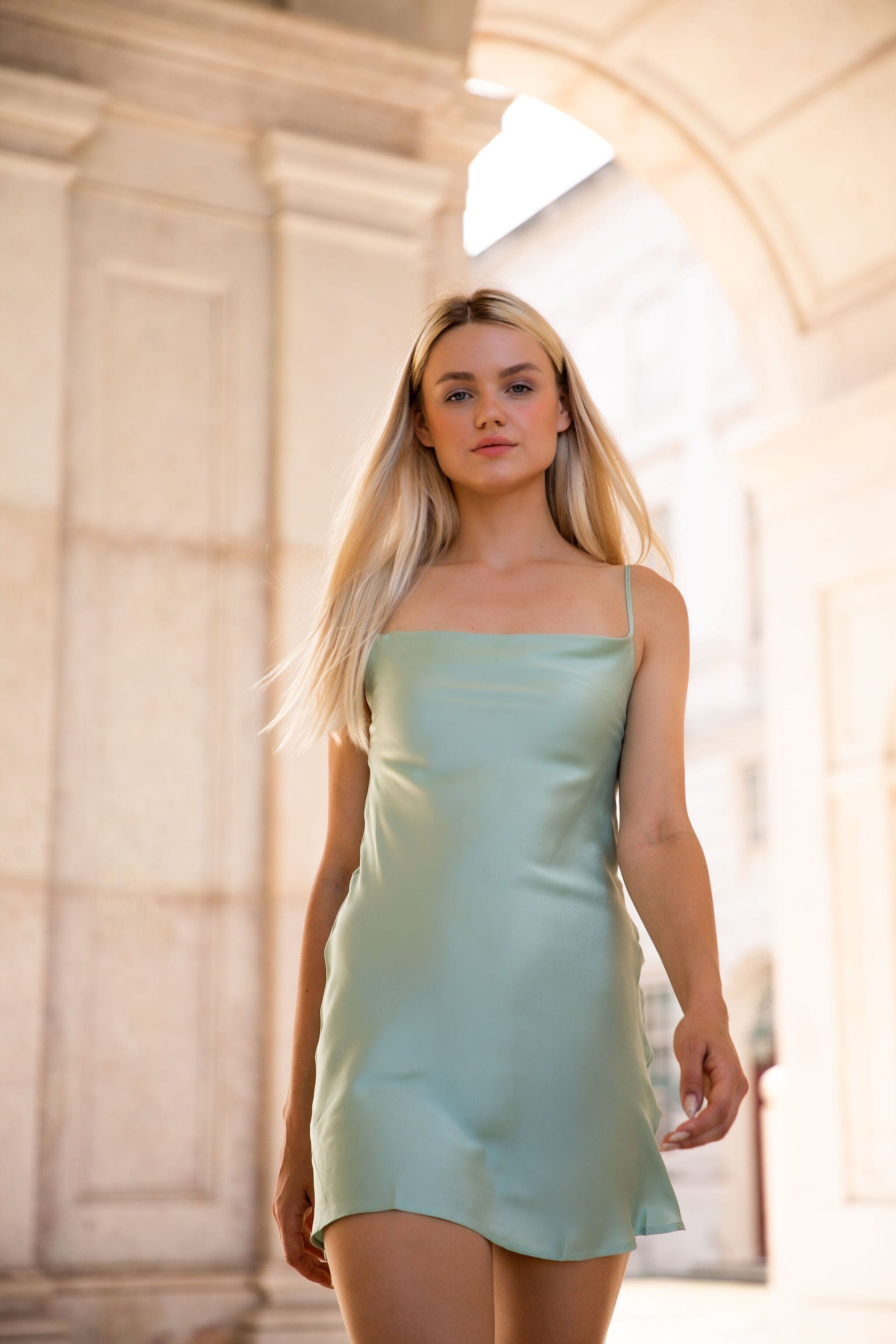 Anaphe Mini Cowl Dress M 60s Silk Cowl Mini Slip Dress - Sea Green