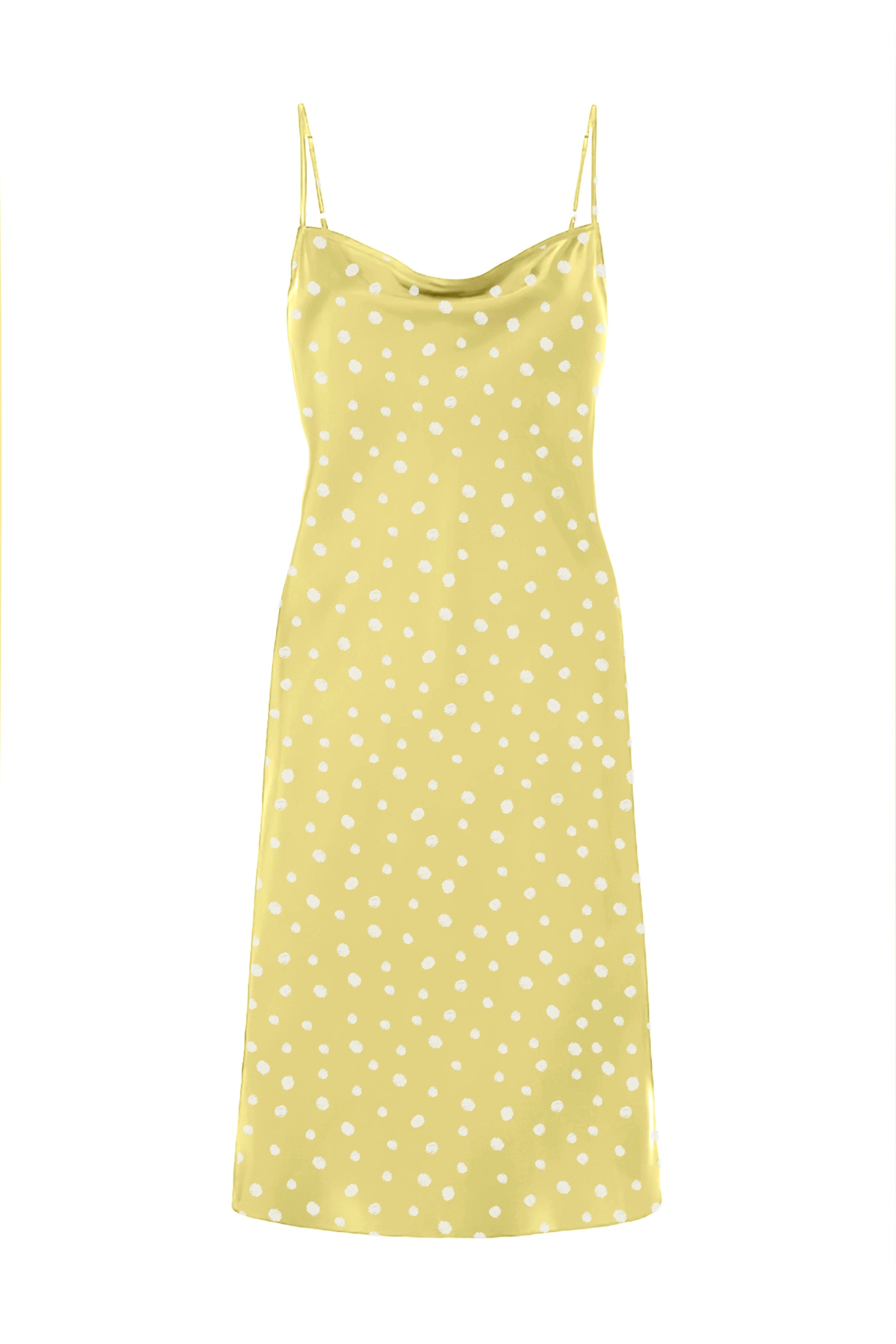 Anaphe Mini Cowl Dress XS 60s Silk Cowl Mini Slip Dress Sunshine Yellow Dots