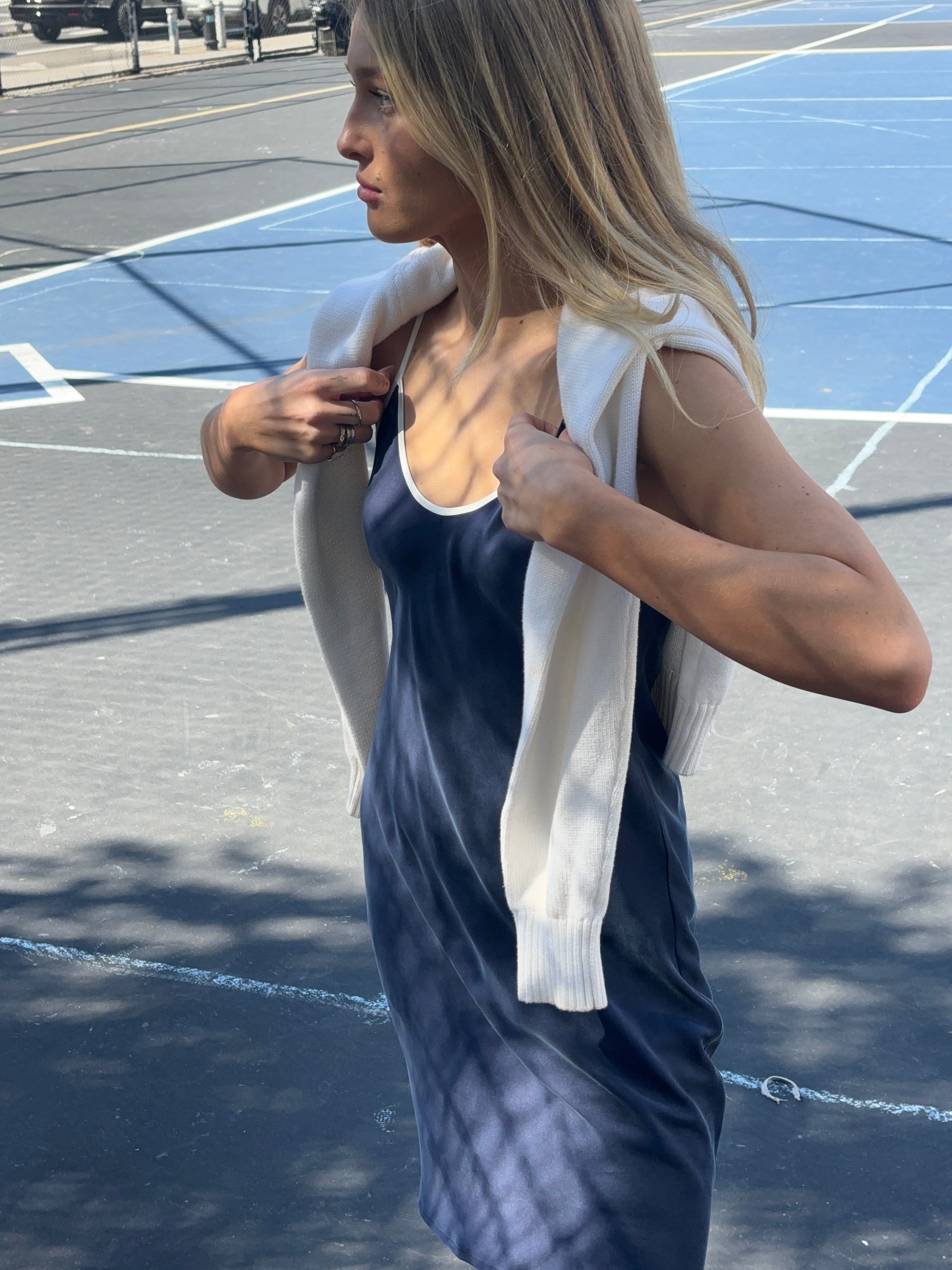 Anaphe Mini Dress Sporty In Silk Mini Slip - Navy White Stripes