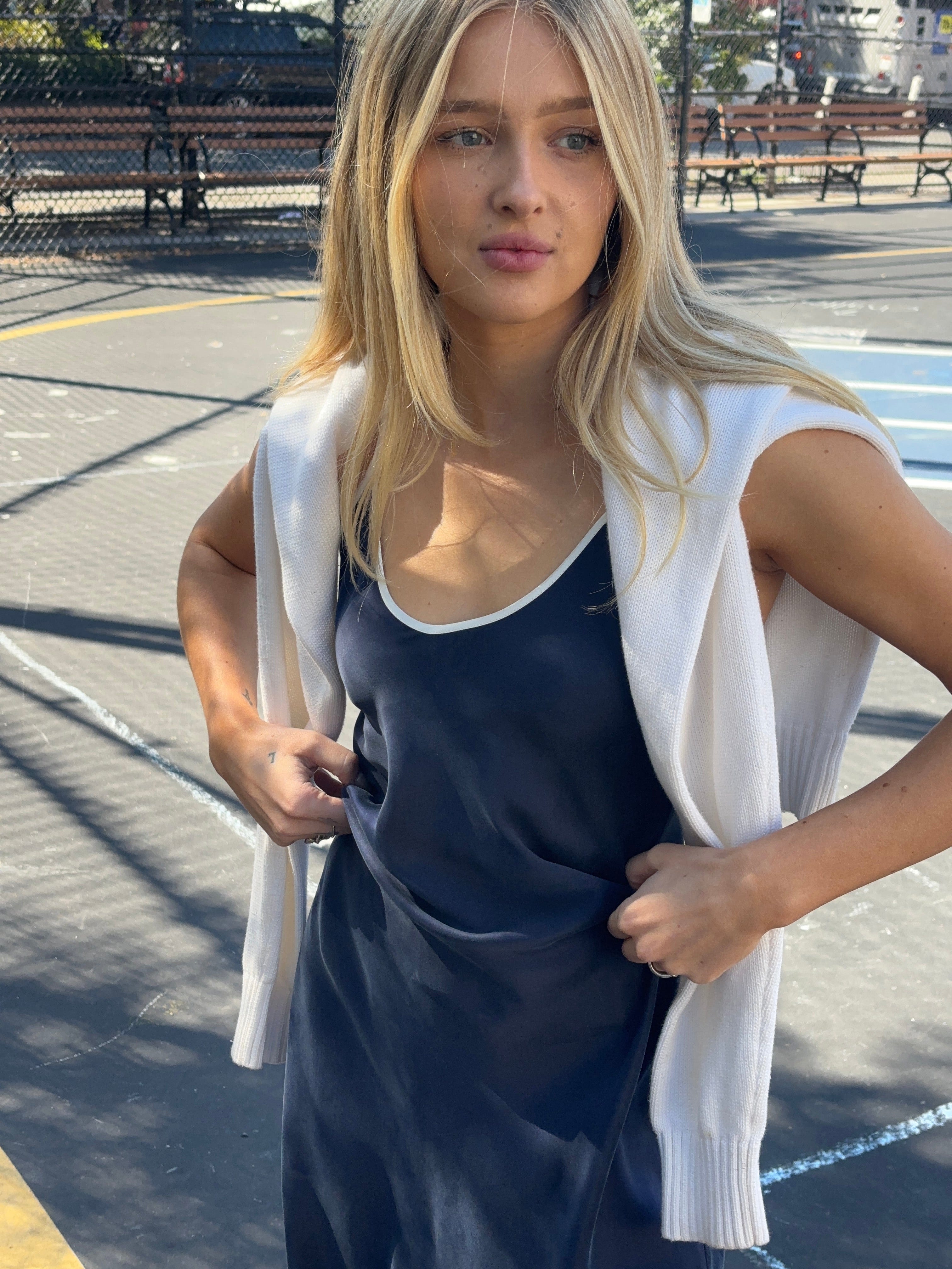 Anaphe Mini Dress Sporty In Silk Mini Slip - Navy White Stripes