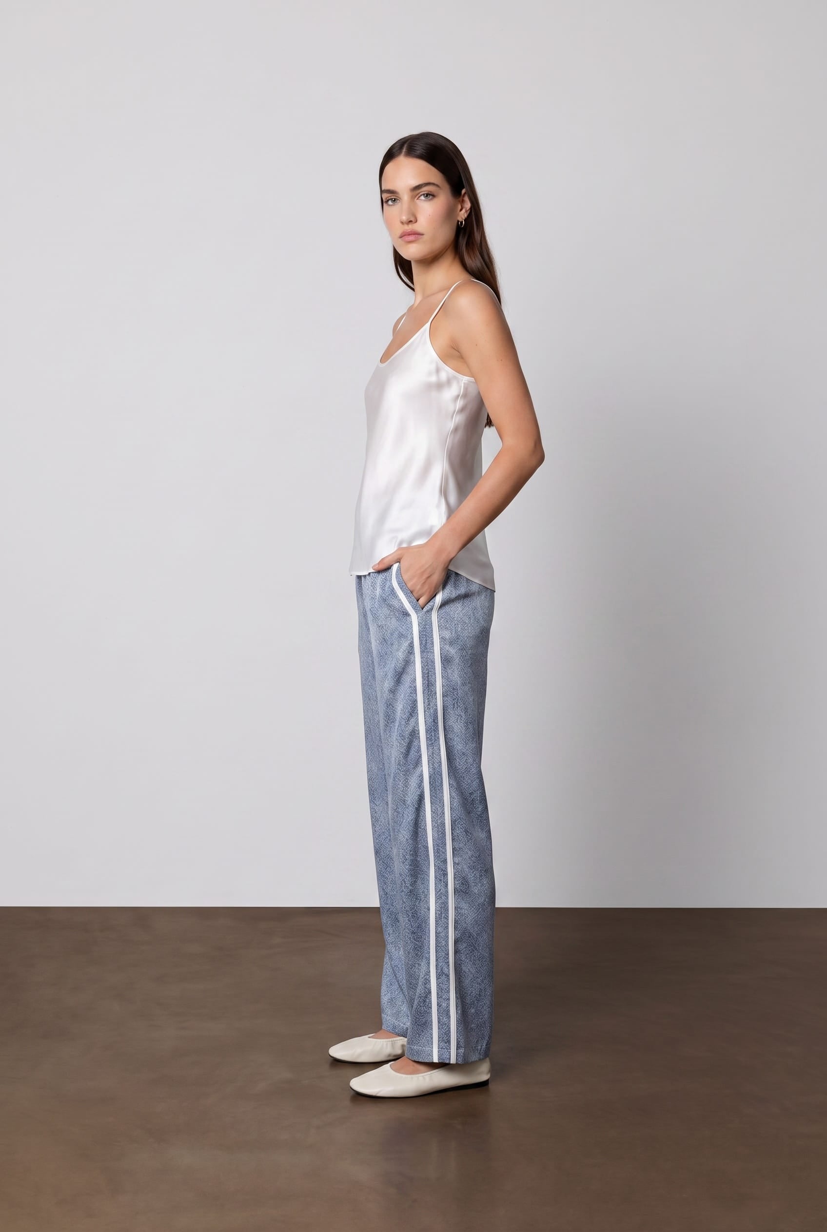 Anaphe Pants & Shorts Indigo Wash Denim Silk Track Pants White Stripes