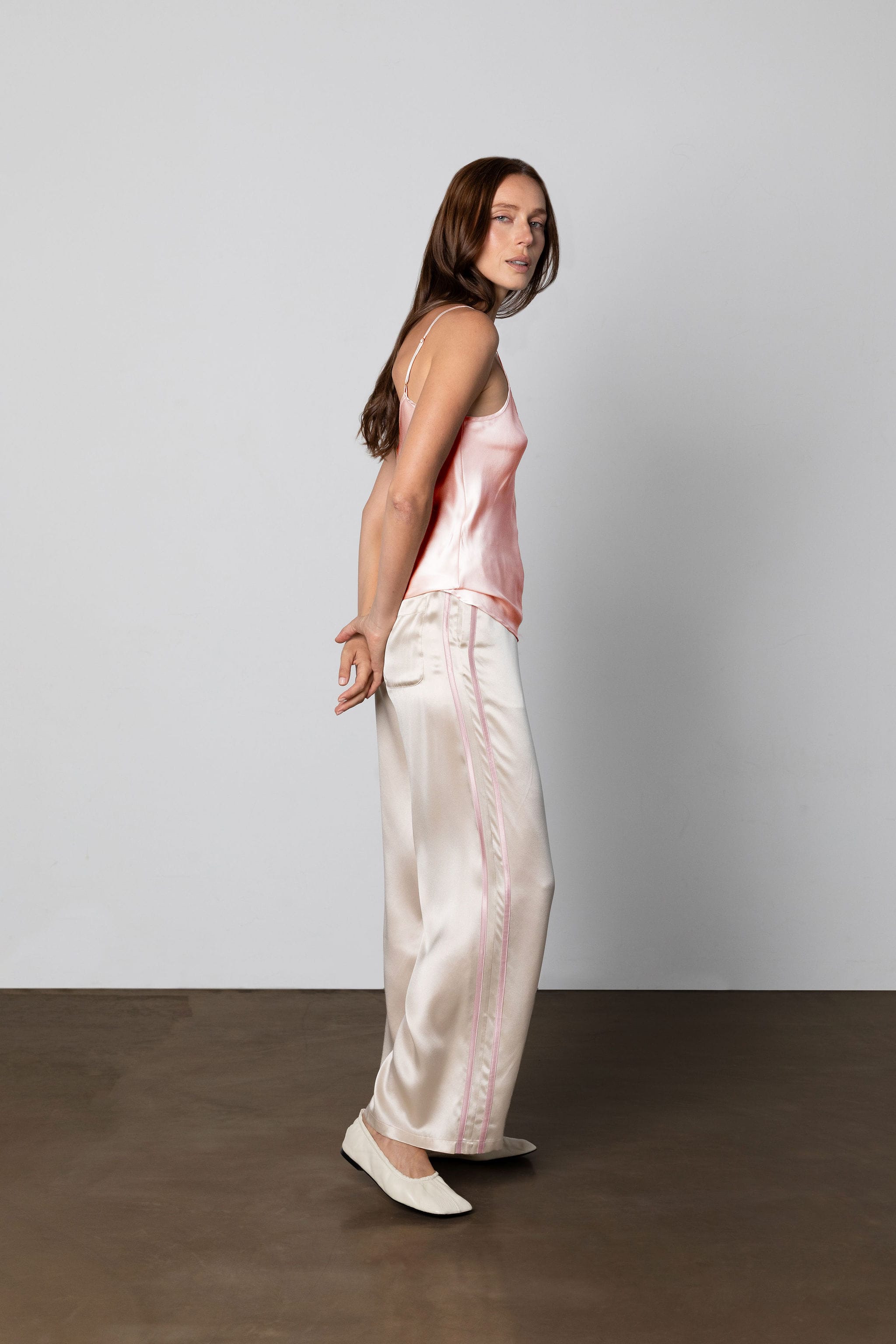 Anaphe Pants & Shorts Sporty Silk Track Pants Champagne with Blush Pink Double Stripes - Atelier
