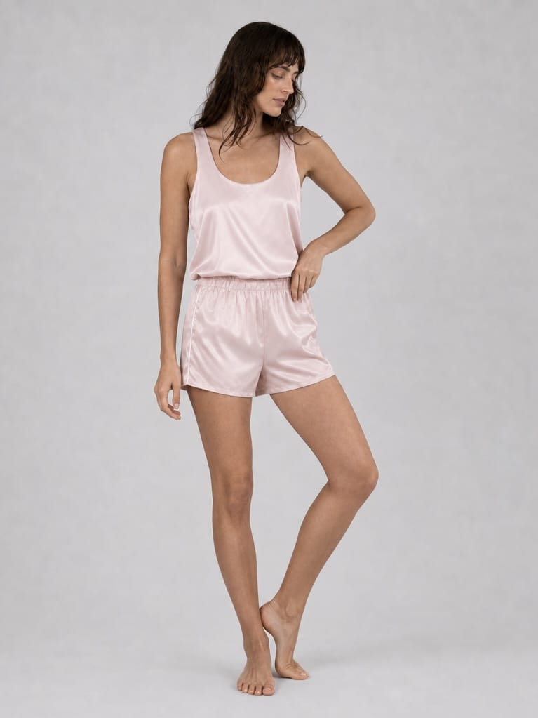 Anaphe Pants & Shorts Sporty Silk Track Shorts Blush White Piping- Sandwashed Silk