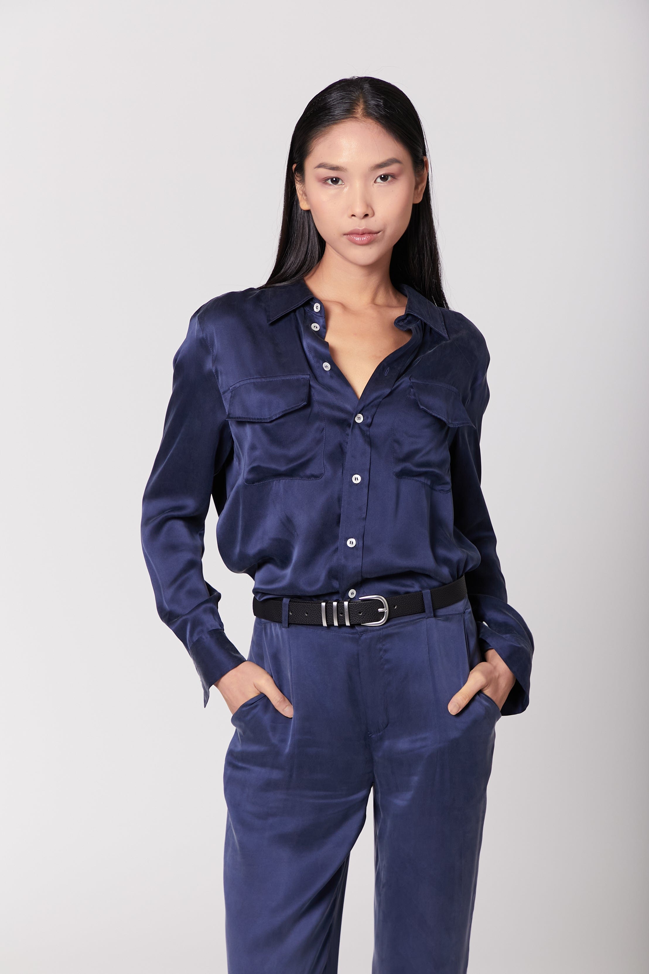 Anaphe Shirts & Tops Boyfriend Silk Utility Shirt - French Navy Blue