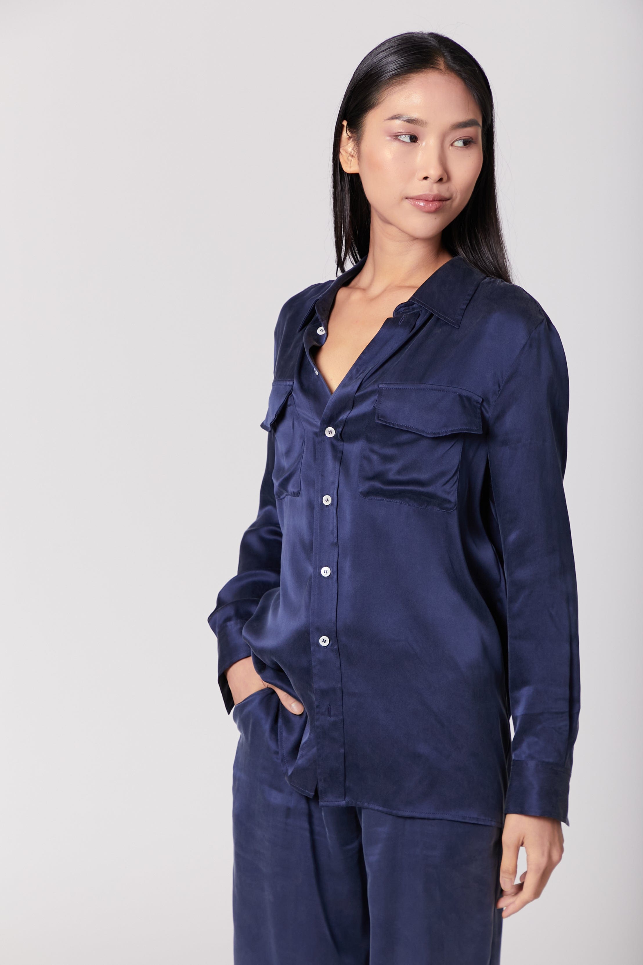 Anaphe Shirts & Tops Boyfriend Silk Utility Shirt - French Navy Blue