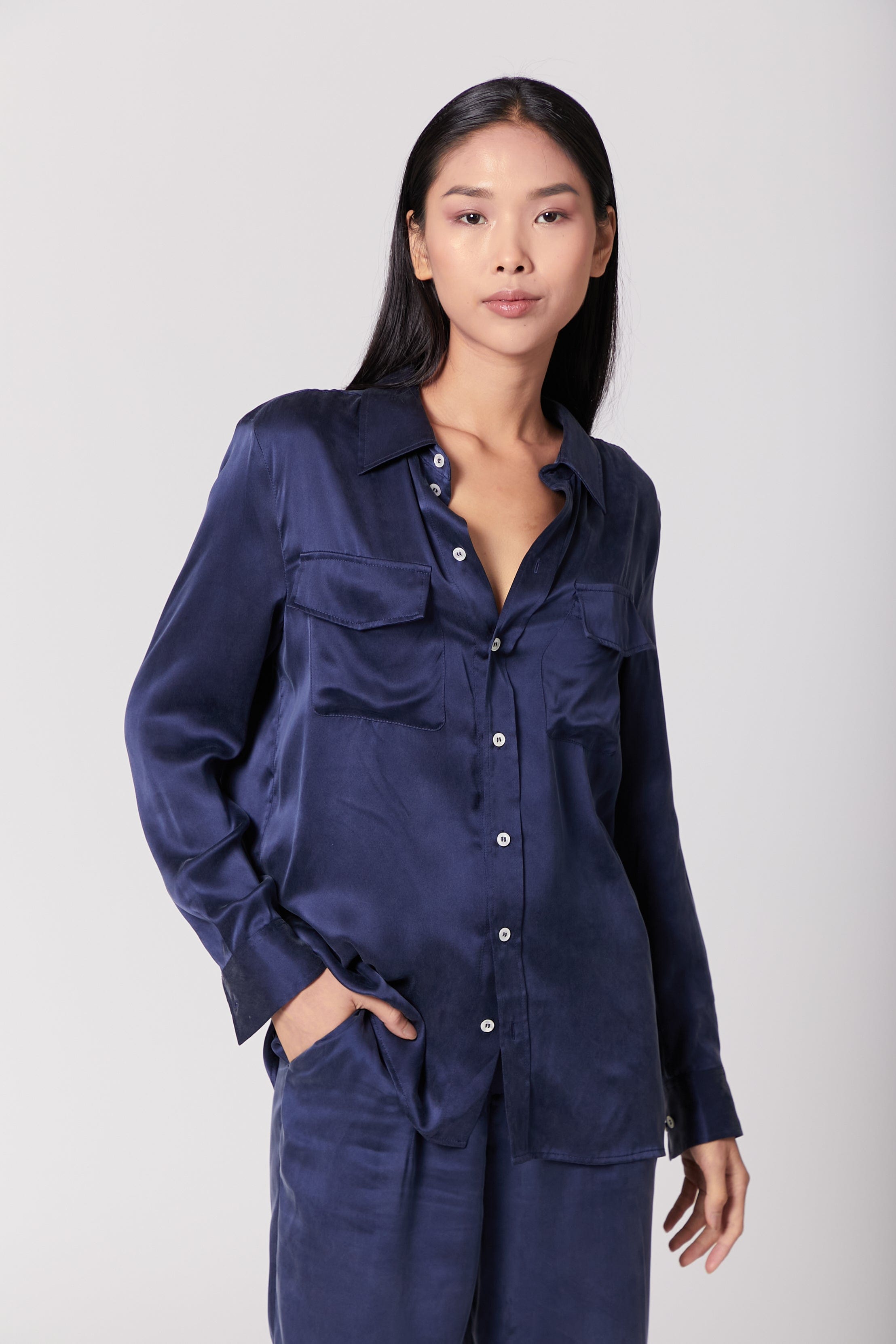Anaphe Shirts & Tops Boyfriend Silk Utility Shirt - French Navy Blue
