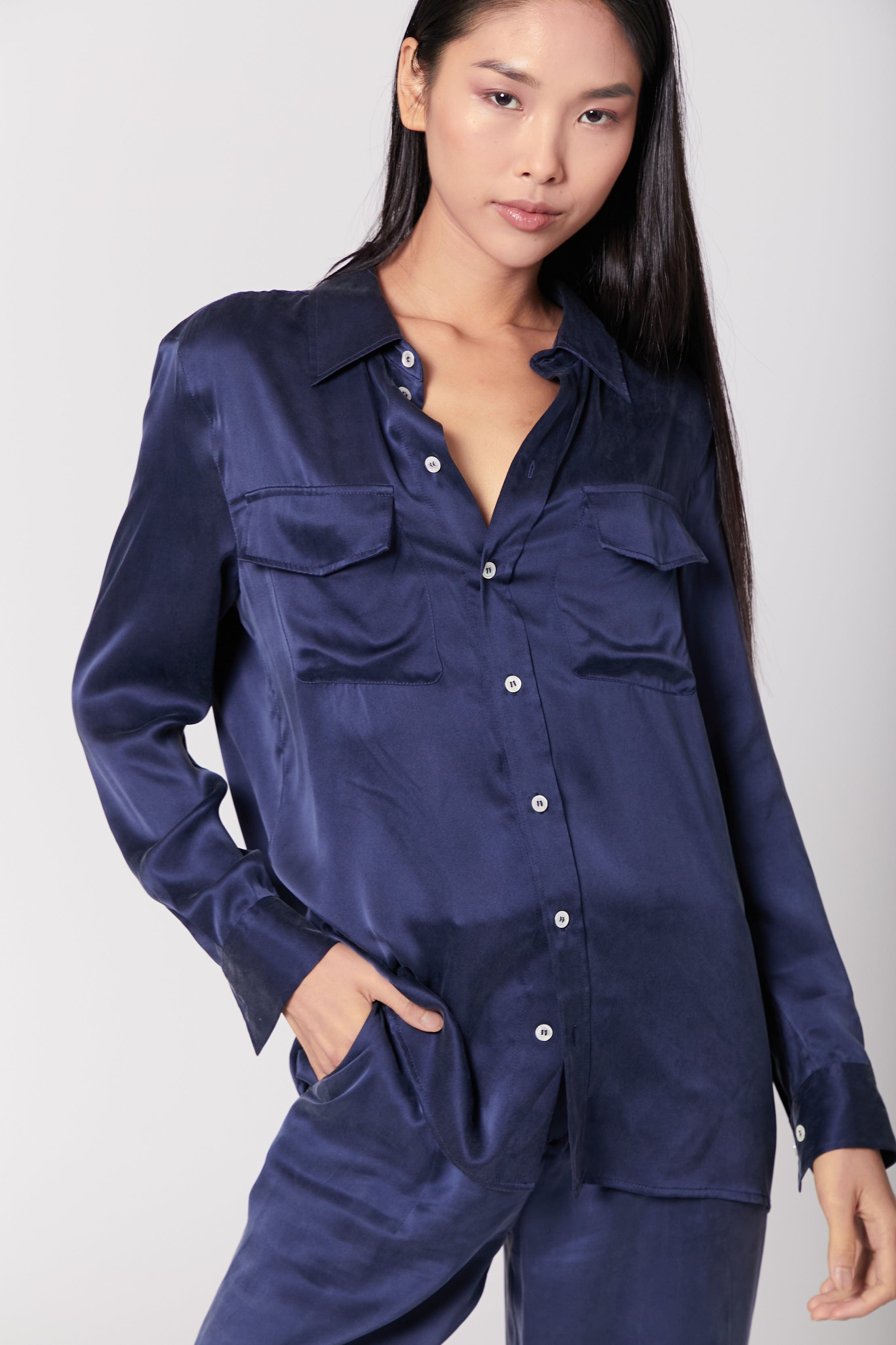 Anaphe Shirts & Tops Boyfriend Silk Utility Shirt - French Navy Blue