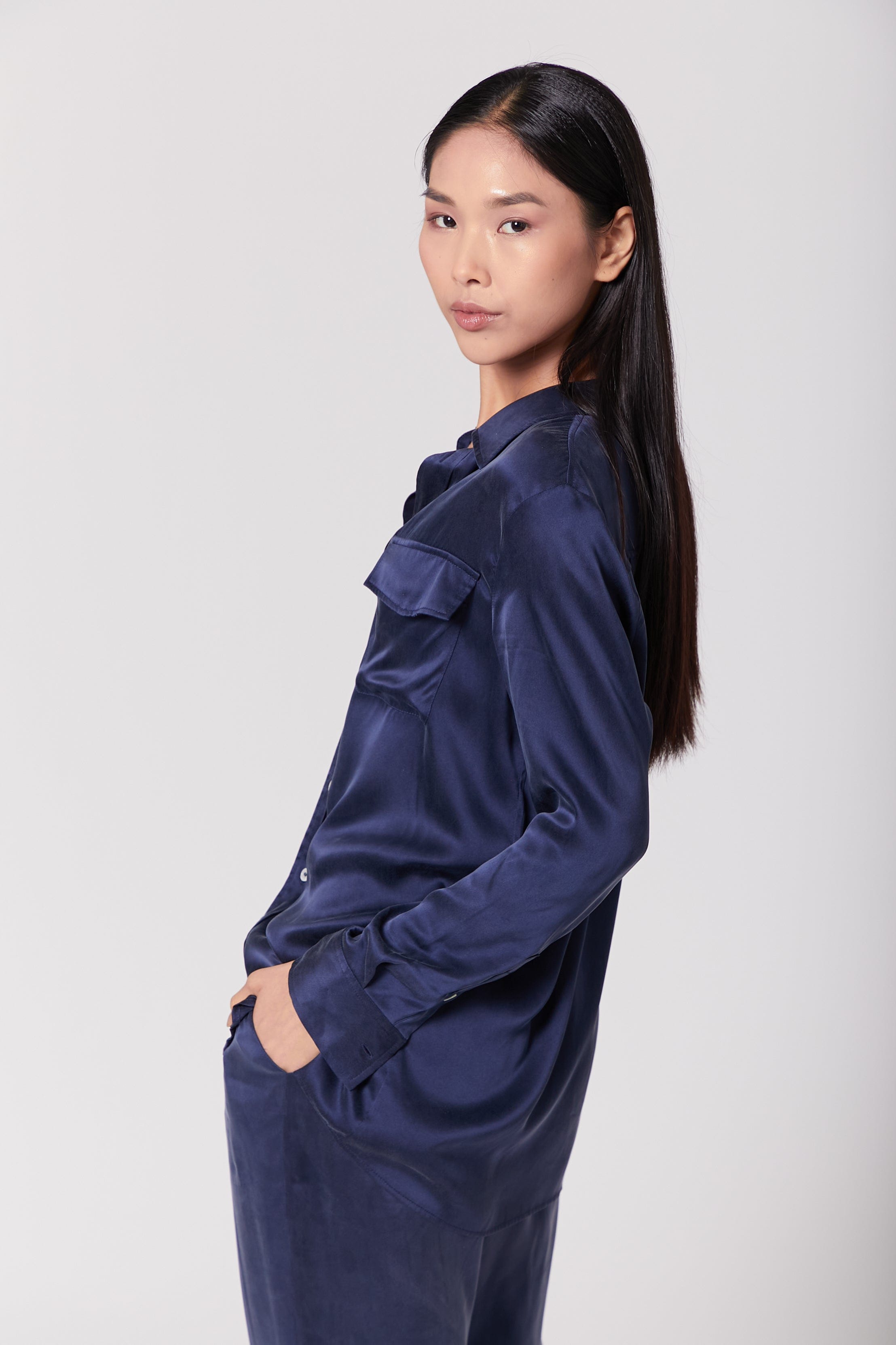 Anaphe Shirts & Tops Boyfriend Silk Utility Shirt - French Navy Blue
