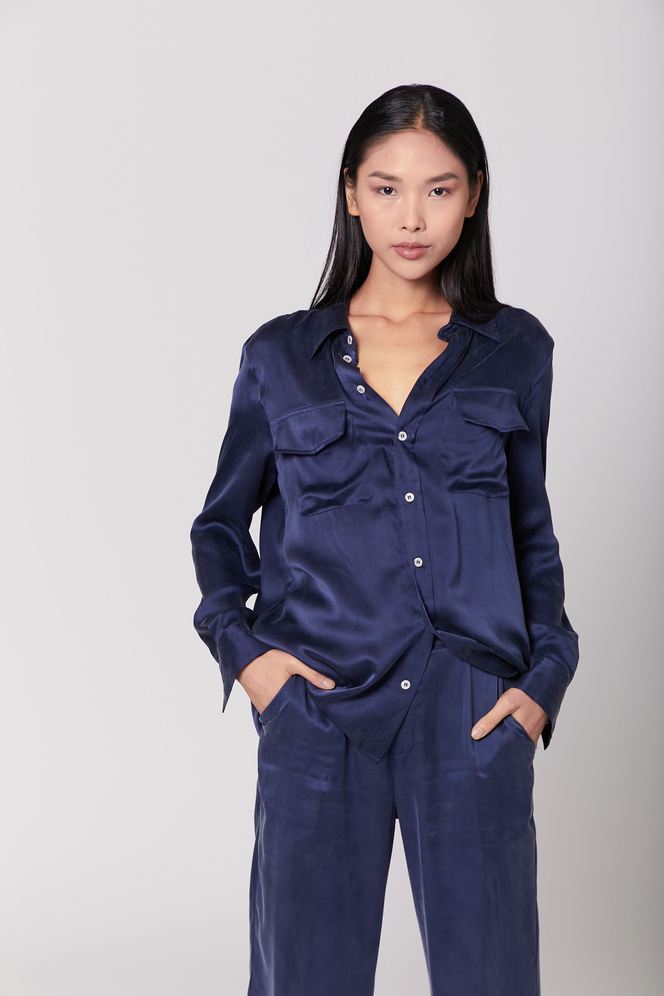 Anaphe Shirts & Tops Boyfriend Silk Utility Shirt - French Navy Blue