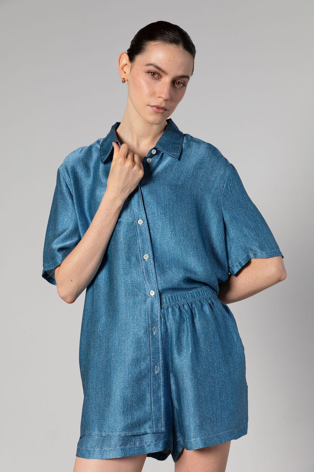 Anaphe Shirts & Tops Light Denim Print / XS/S Daily Short Sleeve Shirt - Sandwashed Silk