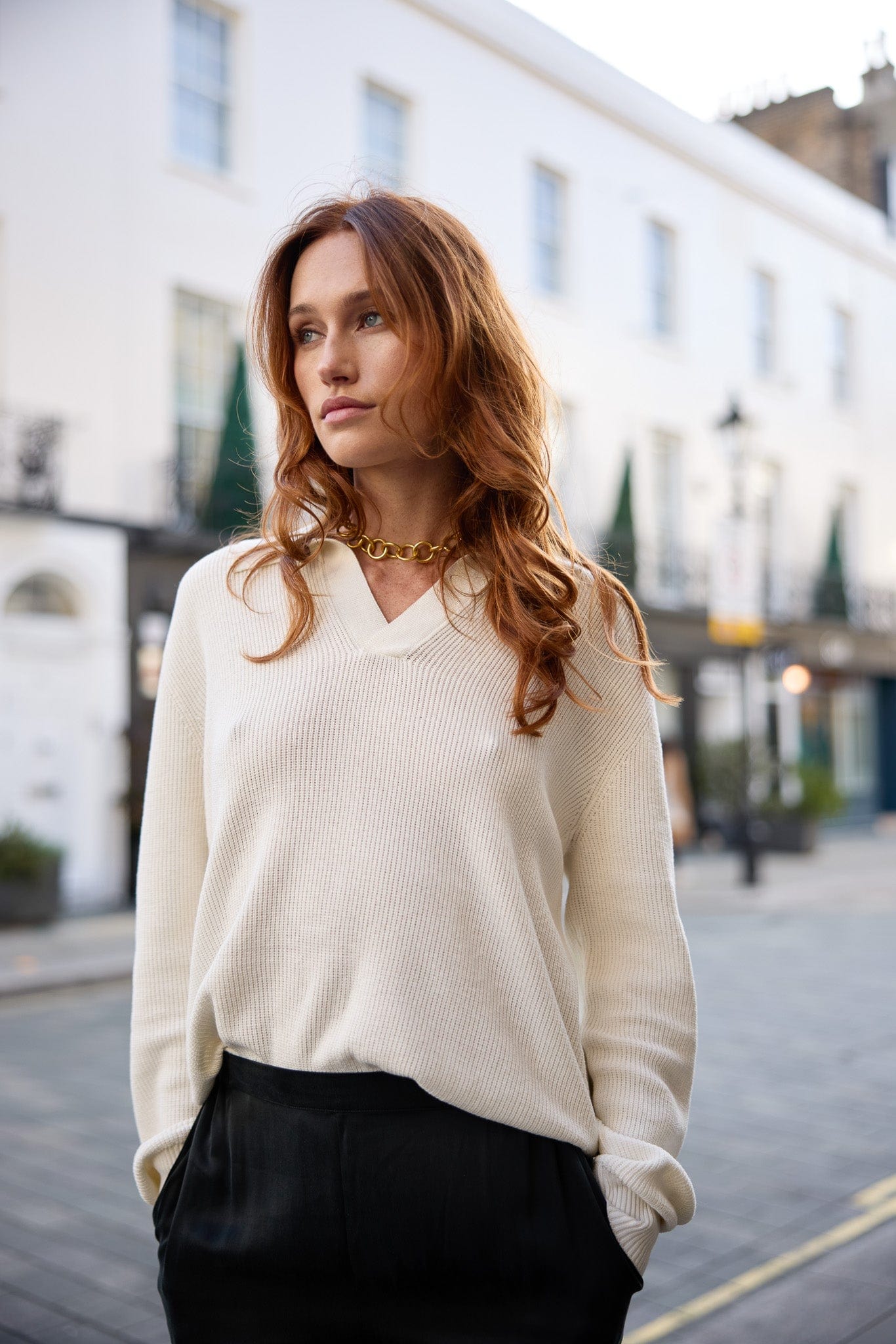 Anaphe Shirts & Tops M Fine Knit Collared Pullover Sweater (55% Silk 45% Organic Cotton) White