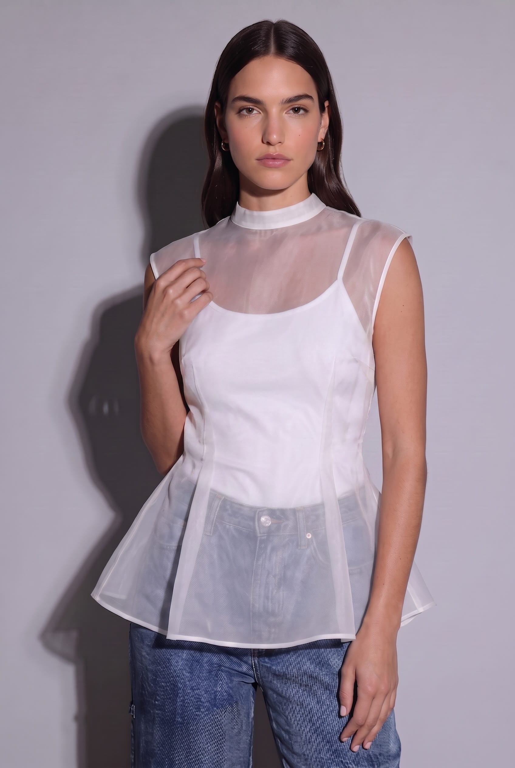 Anaphe Shirts & Tops Peplum Sheer Organza Silk Structured Top, White Sheer