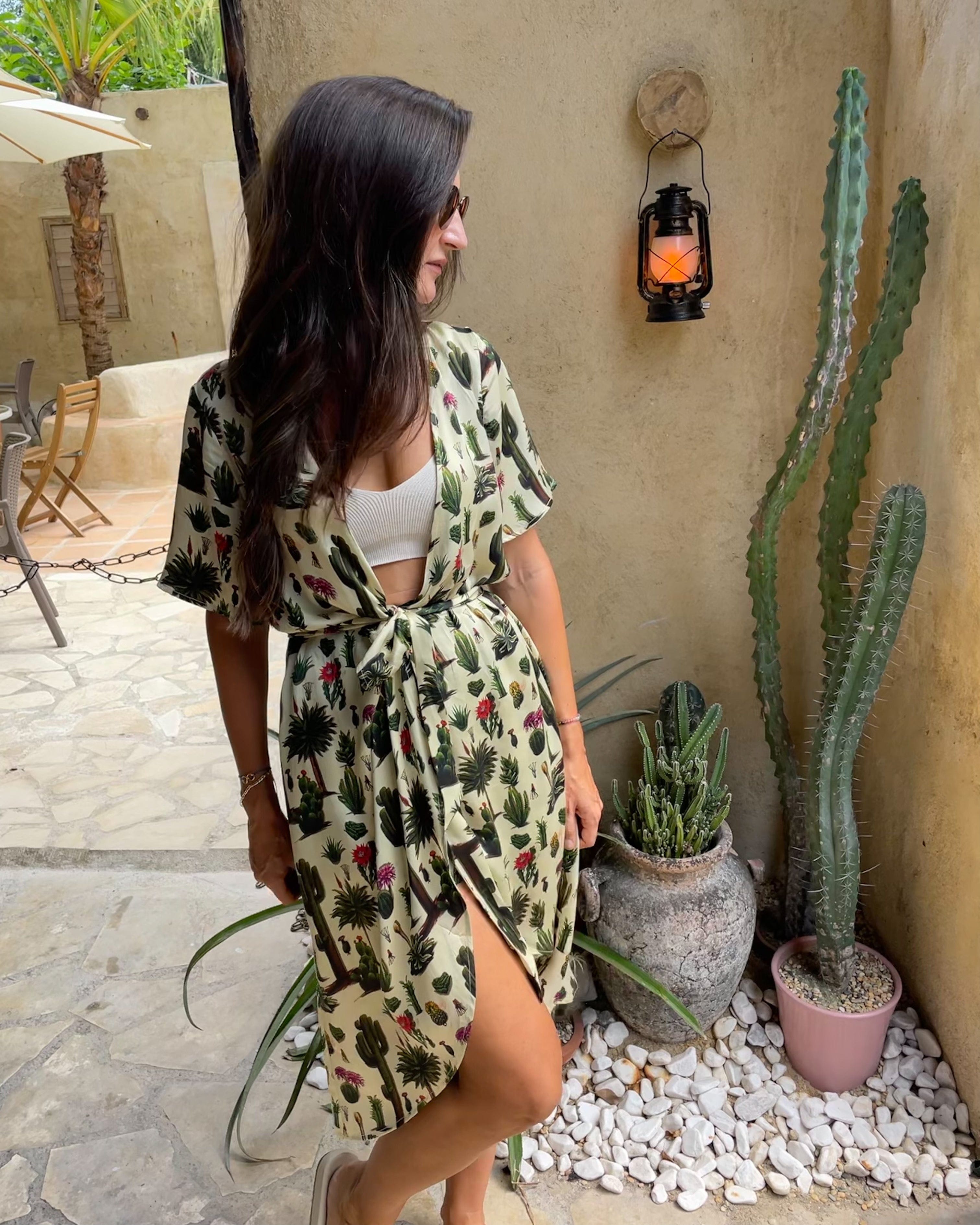 Anaphe Thick Strap Dress (bra friendly) Multiway Wrap Silk Dress - Cactus Print