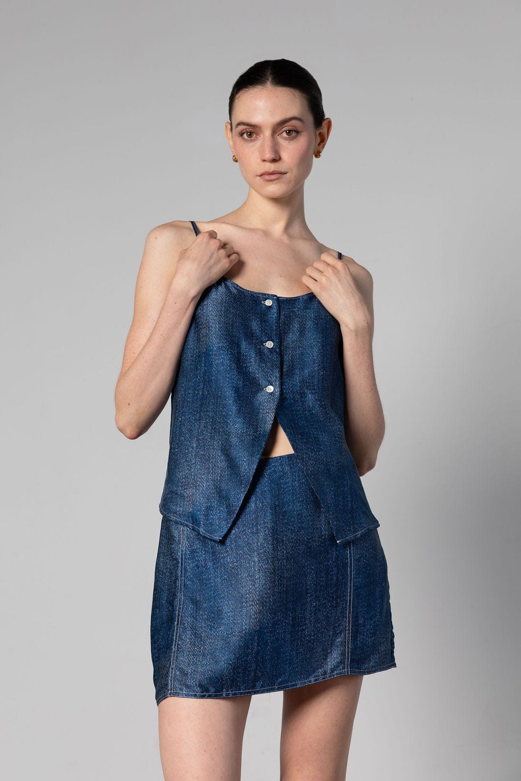 Cult Button Up Silk Camisole Top - Denim Silk