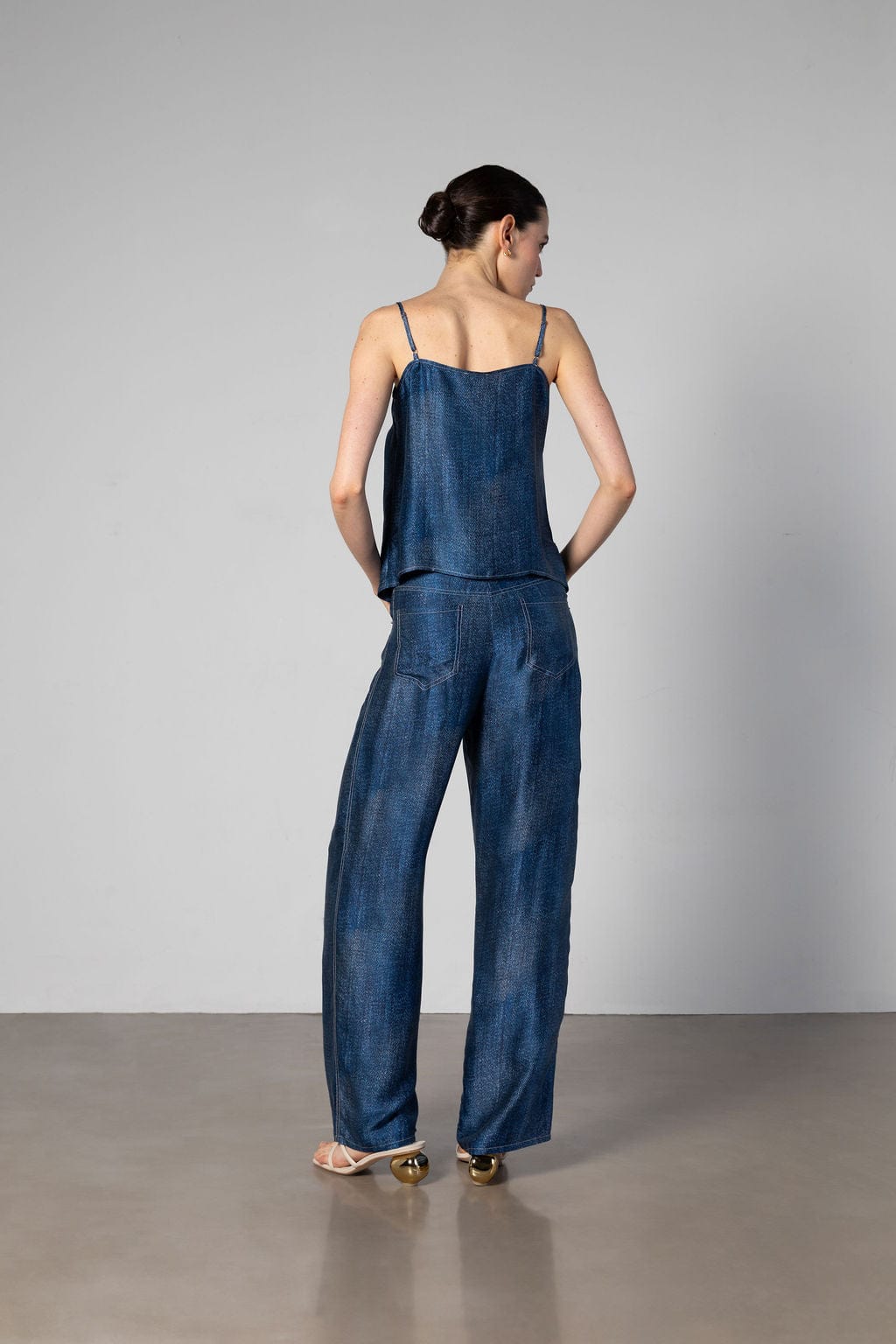 Cult Button Up Silk Camisole Top - Denim Silk