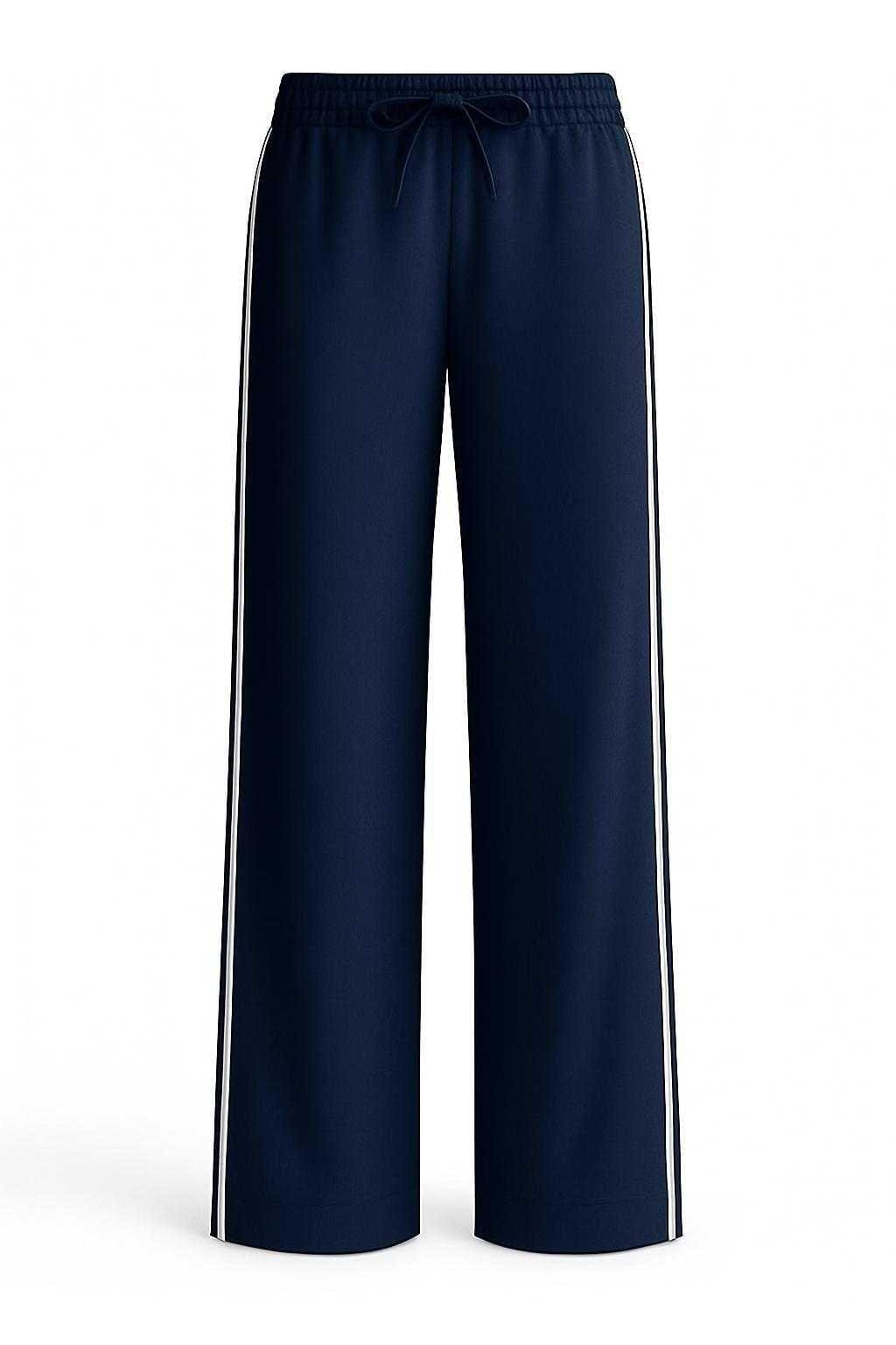 Sporty Silk Track Pants Navy Blue White Double Stripes- Twill Silk