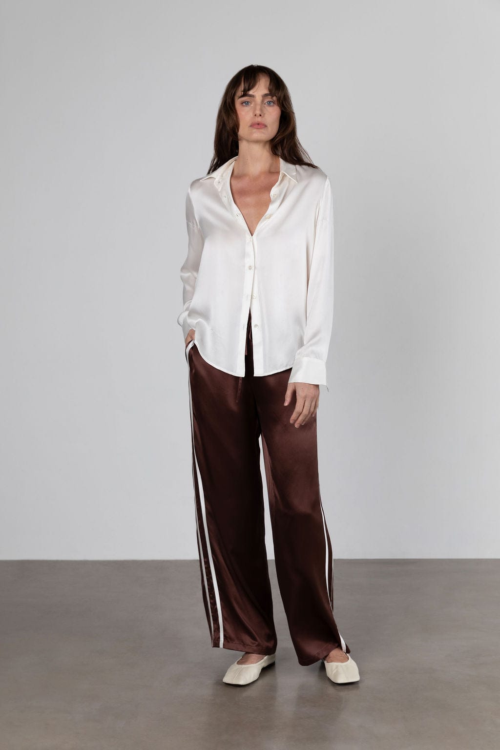 Sporty Silk Track Pants Espresso White Double Stripes - Atelier