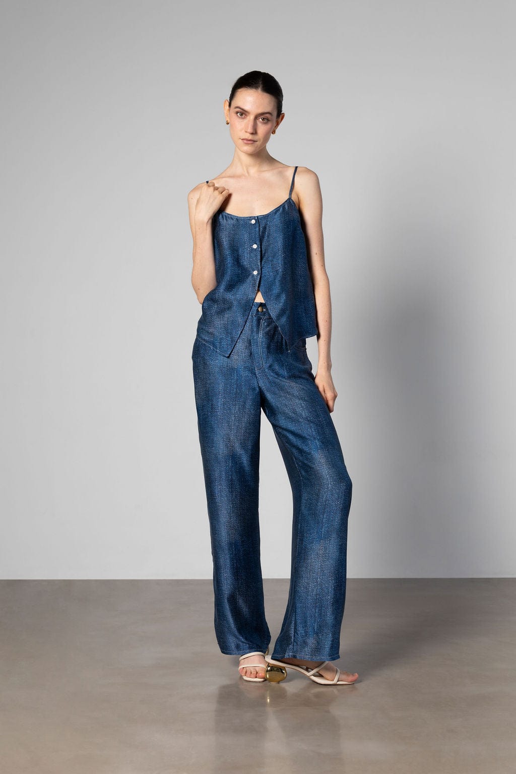 Cult Button Up Silk Camisole Top - Denim Silk