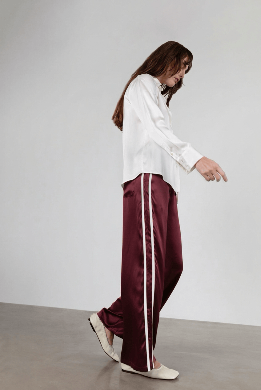 Sporty Silk Track Pants Espresso White Double Stripes - Atelier