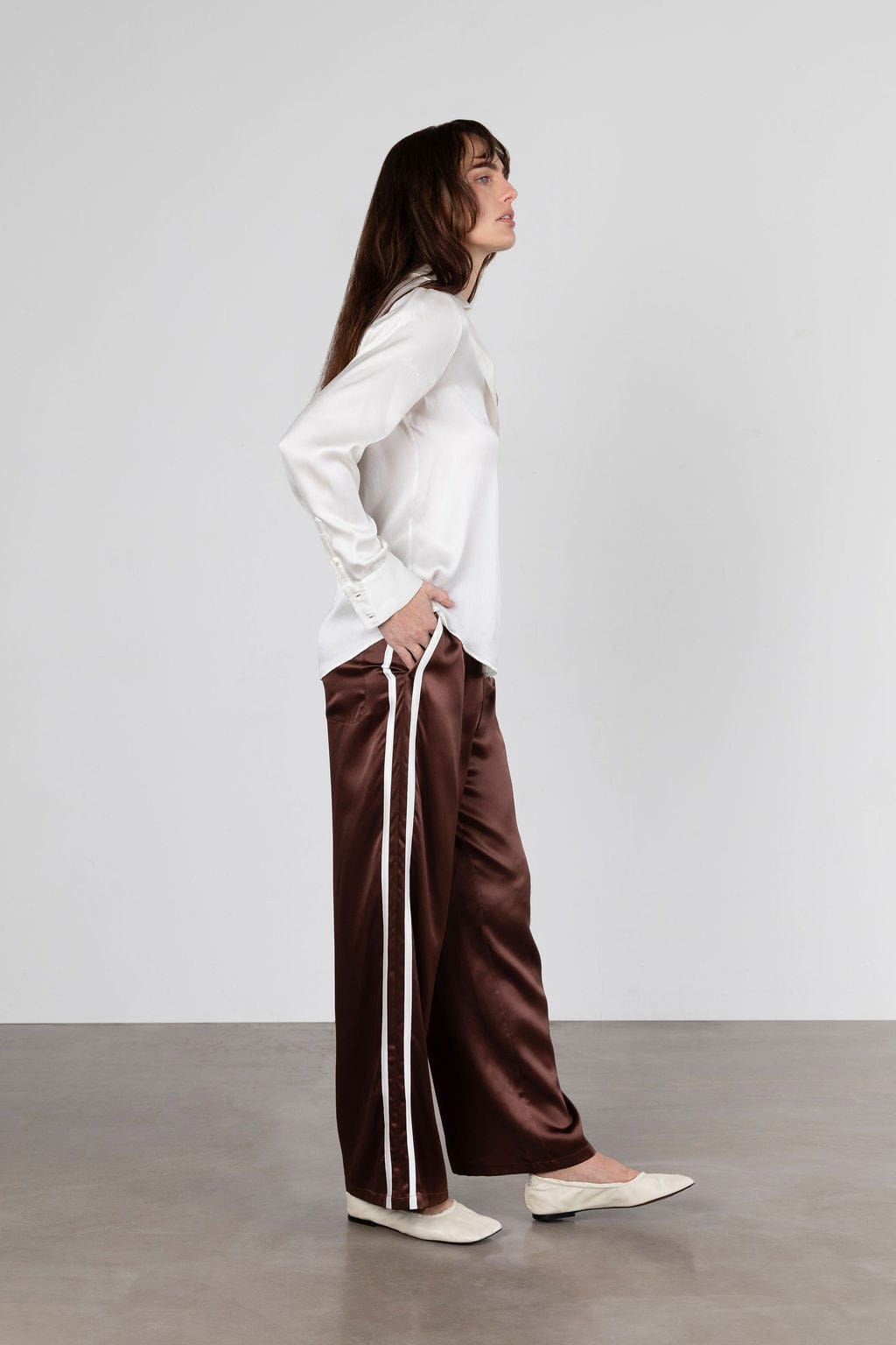 Sporty Silk Track Pants Espresso White Double Stripes - Atelier