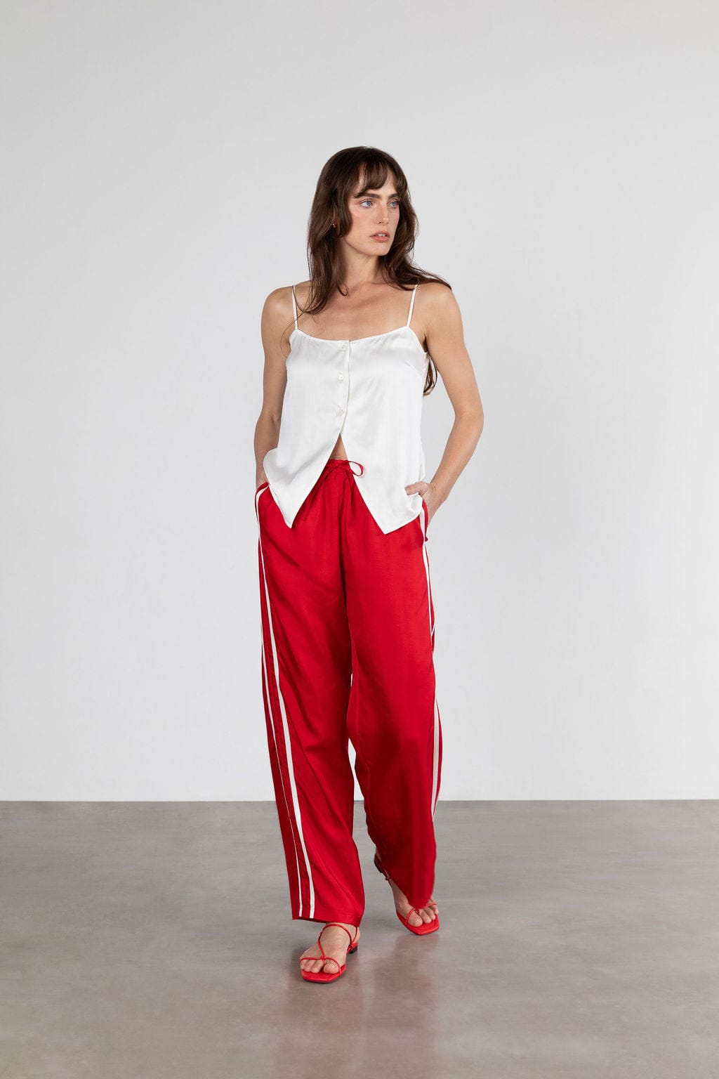 Sporty Silk Track Pants Red White Double Stripes - Twill Silk