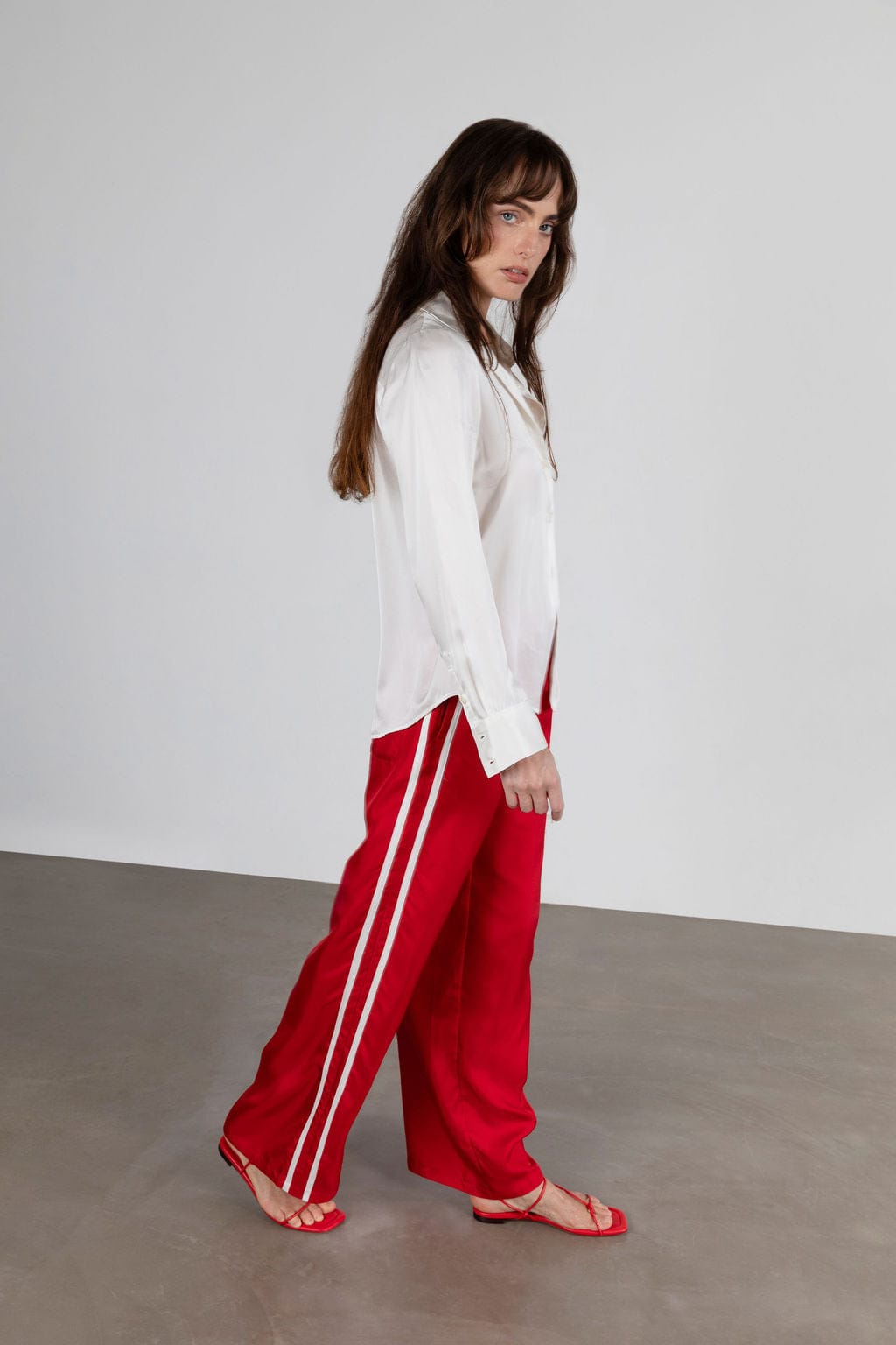 Sporty Silk Track Pants Red White Double Stripes - Twill Silk