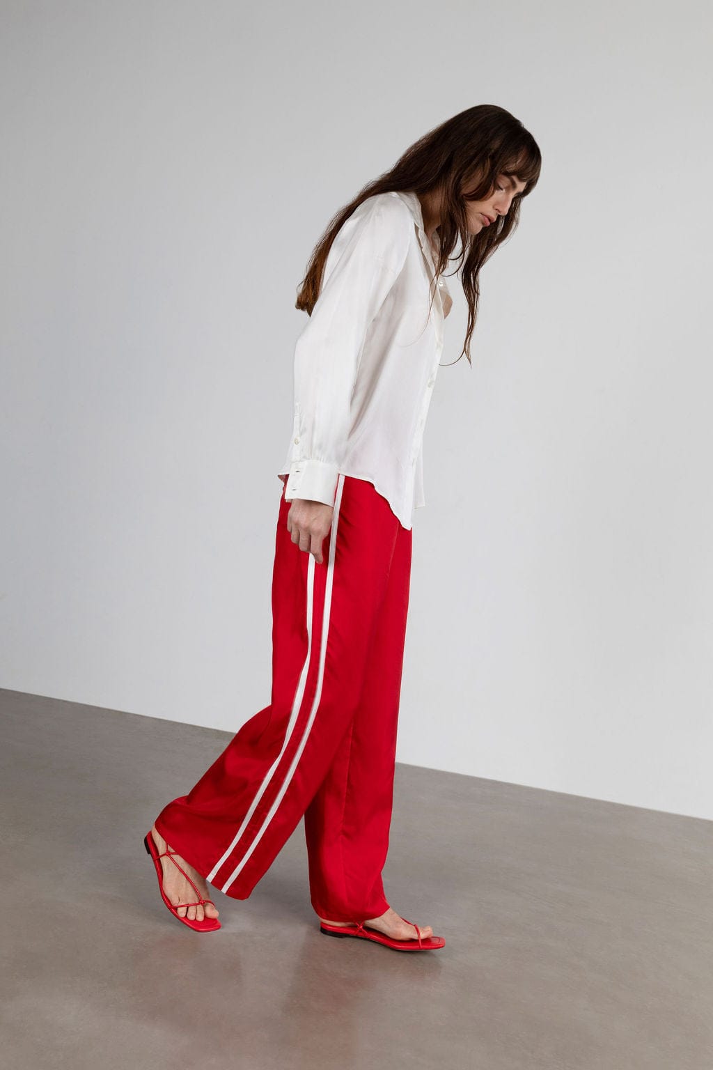 Sporty Silk Track Pants Red White Double Stripes - Twill Silk