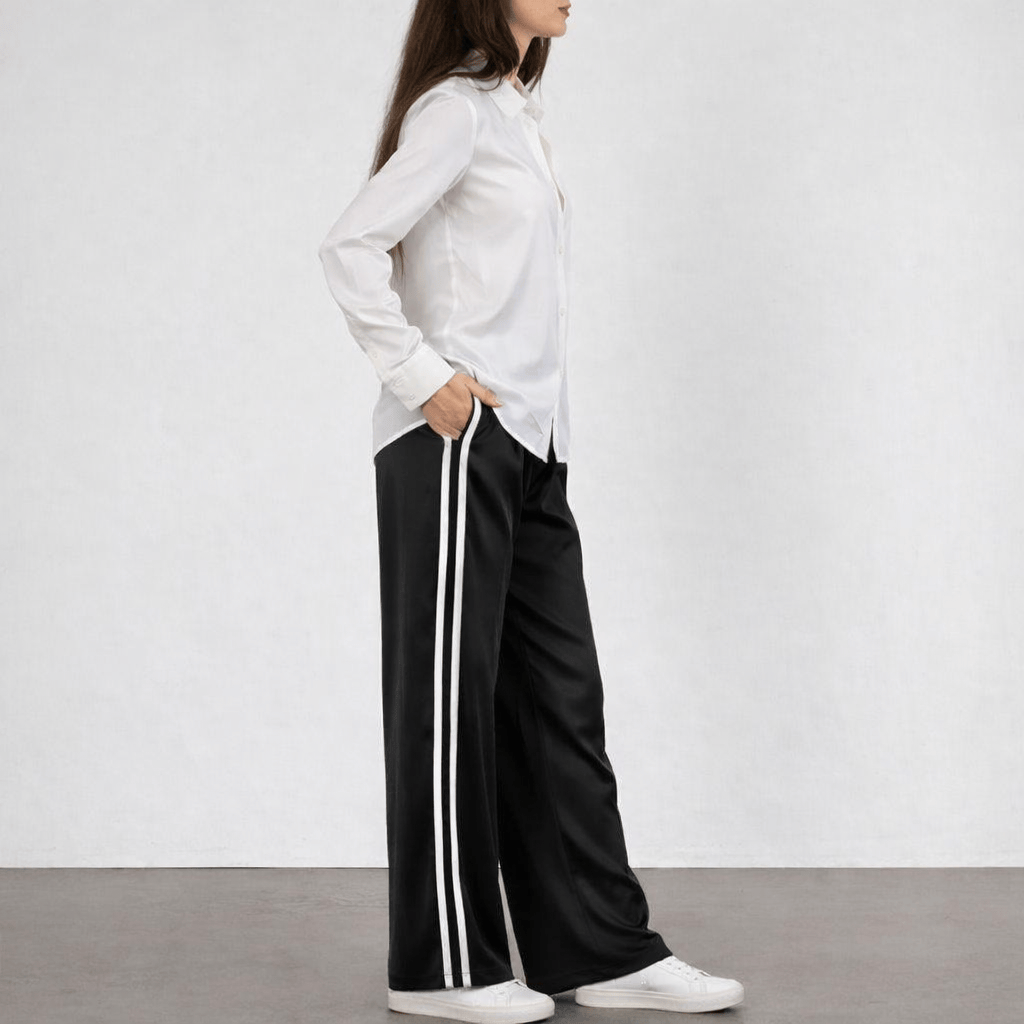 Sporty Silk Track Pants Black White Double Stripes - Atelier