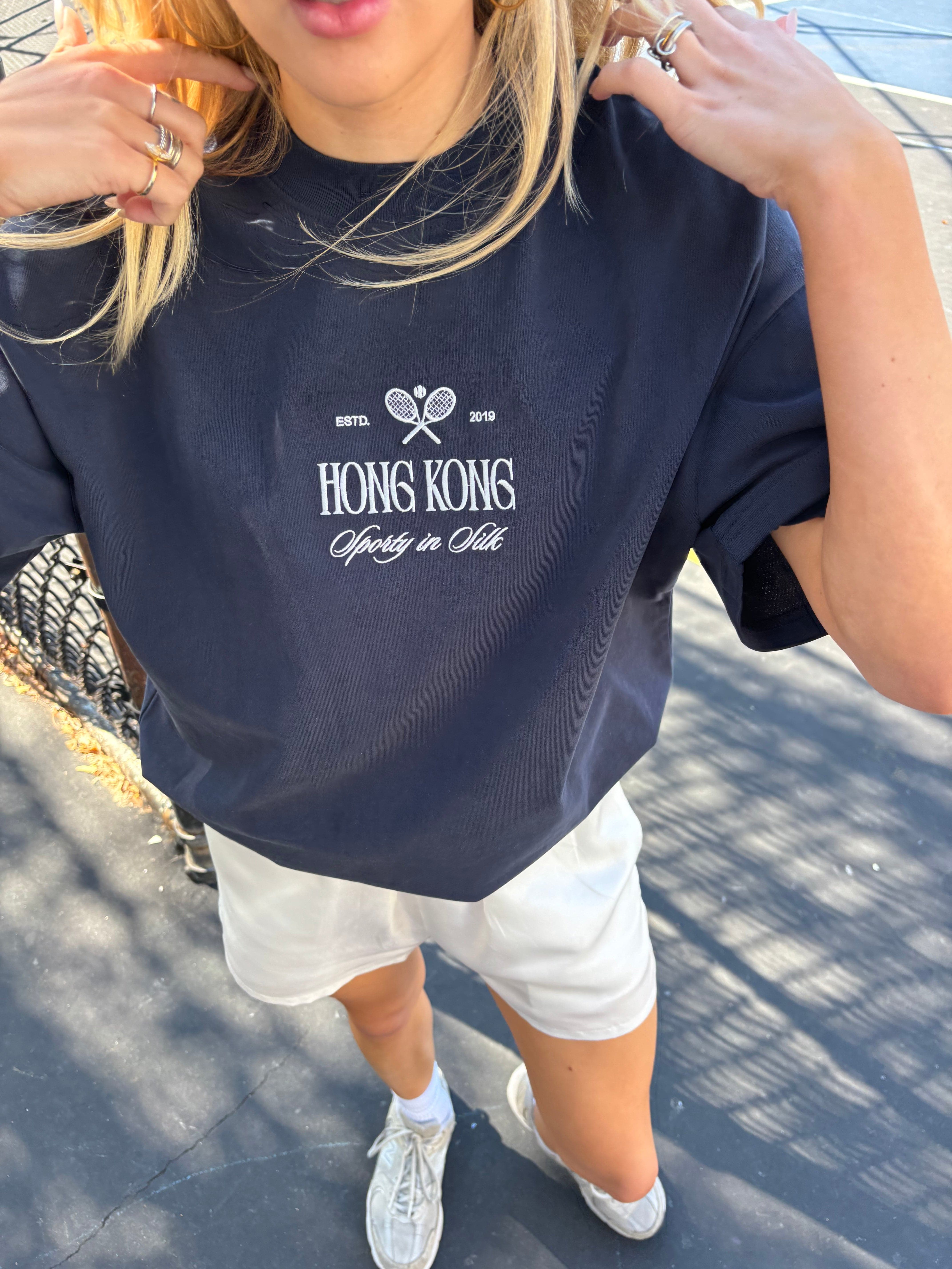 Sporty Silk Track Shorts White Navy Piping- Twill Silk