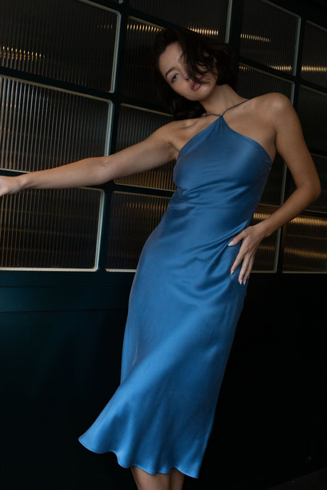 Anaphe Backless Dress 00's Backless Silk Halter Dress - Dusk Blue
