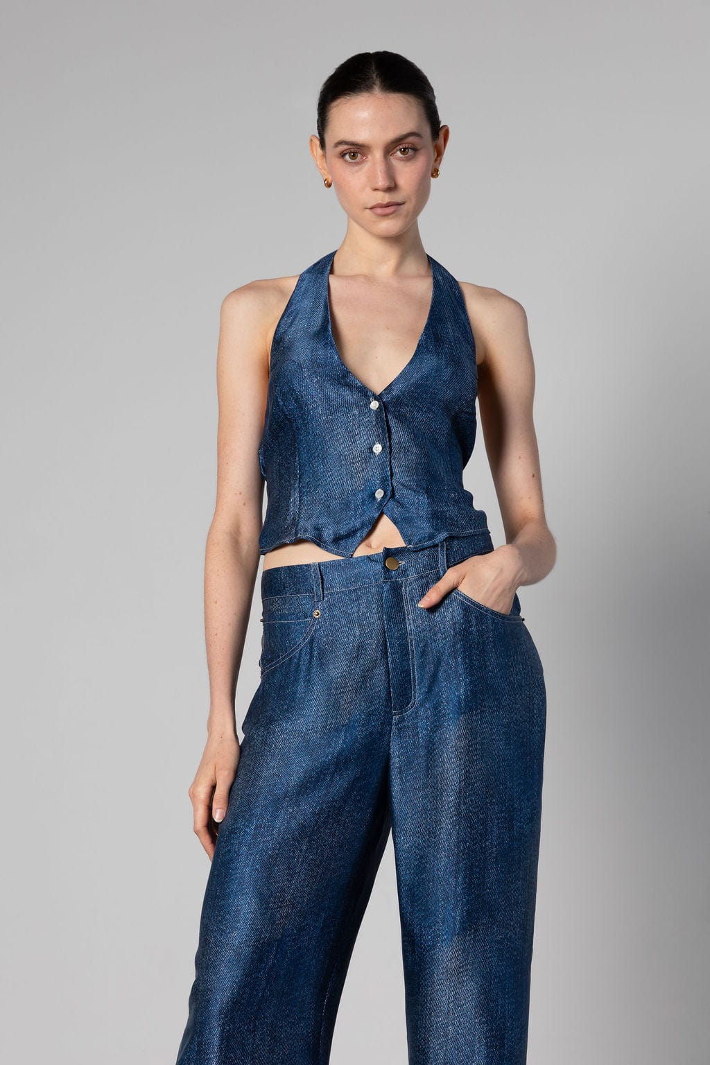 Anaphe Camisole Dark Denim Print / XXS Silk Halter Waistcoat - Dark Wash Denim